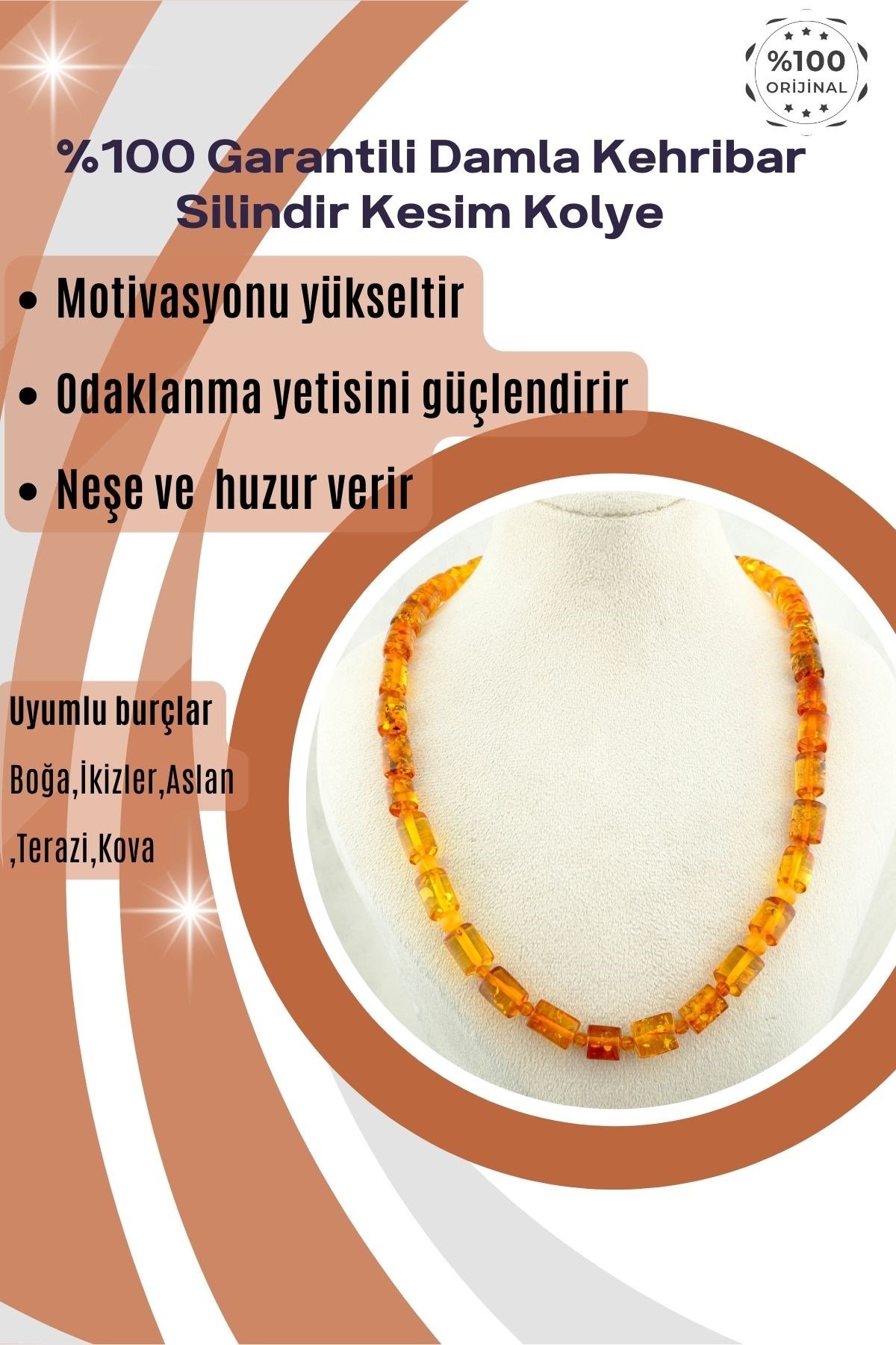 Damla Kehribar Kolye %100 Garantili Silindir Kesim - 70cm