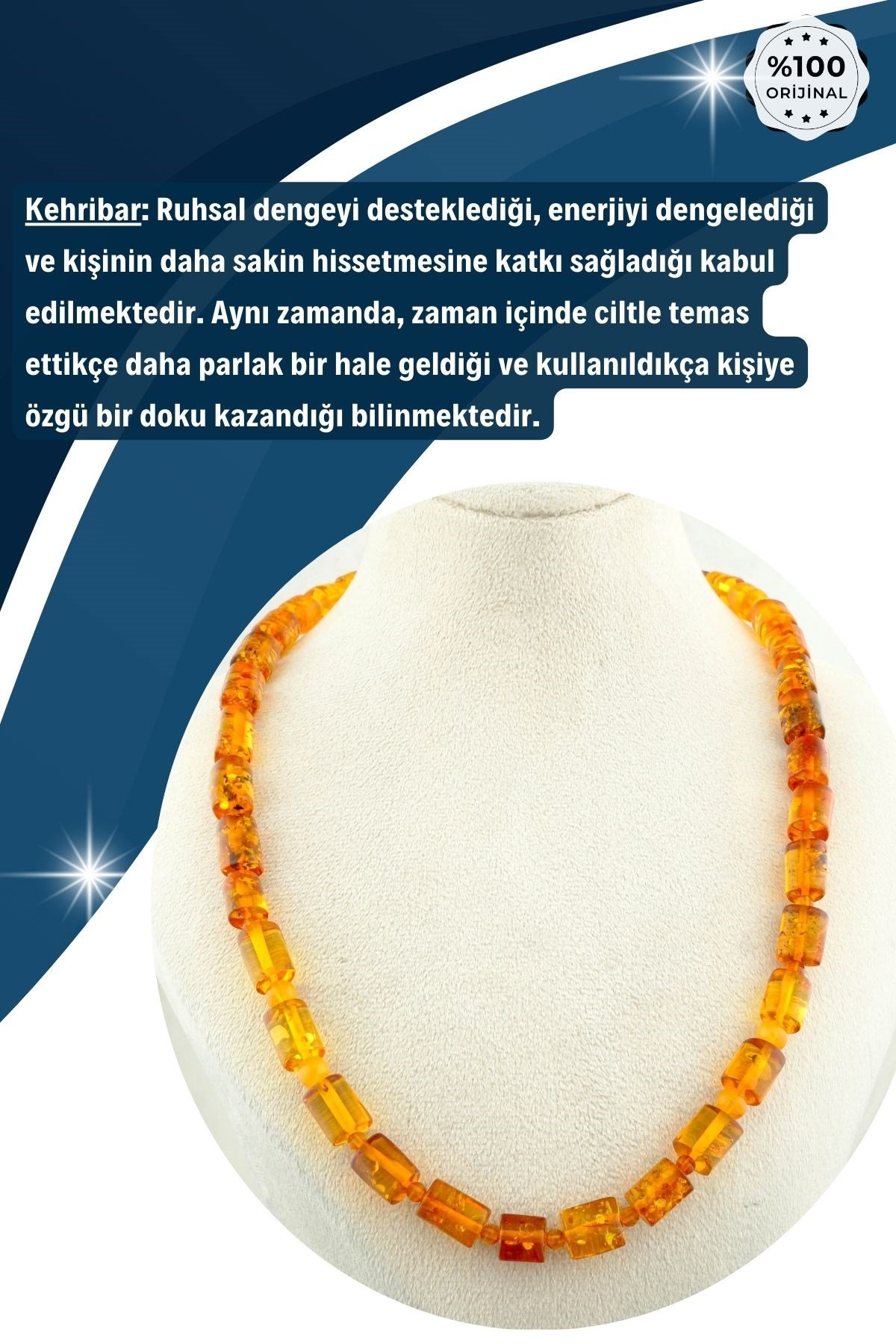 Damla Kehribar Kolye %100 Garantili Silindir Kesim - 70cm