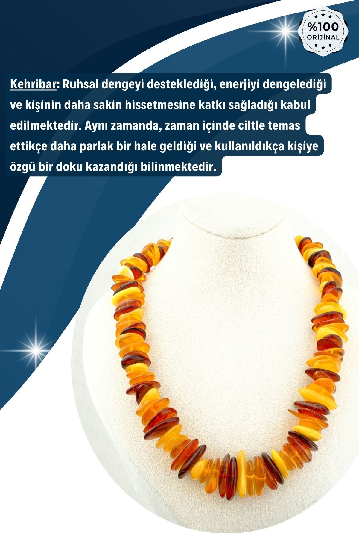 Damla Kehribar Kolye %100 Garantili Yassı Kırıktaş - 45 cm