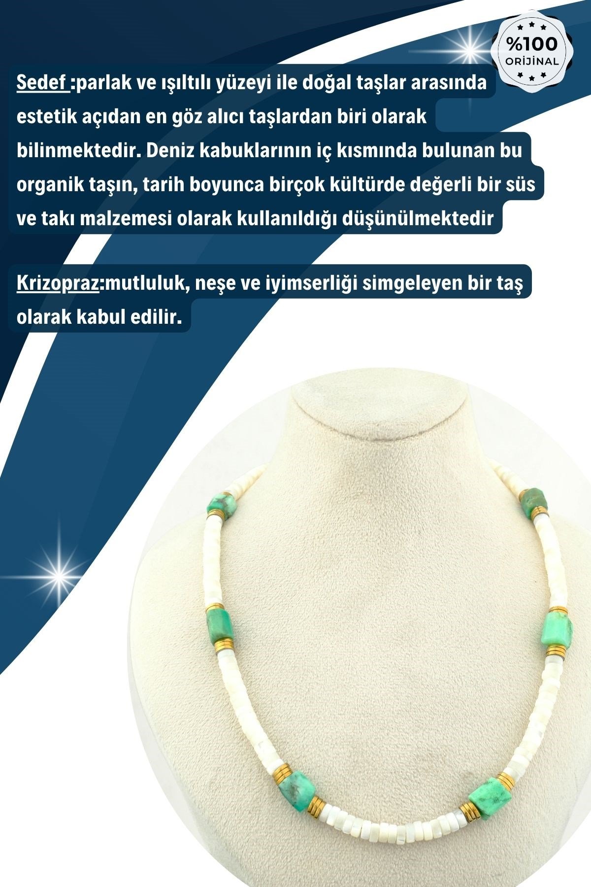 DoğalTaş Kolye %100 Garantili Sedef-Krizopraz Özel Tasarım Çelik Aparatlı -45 cm