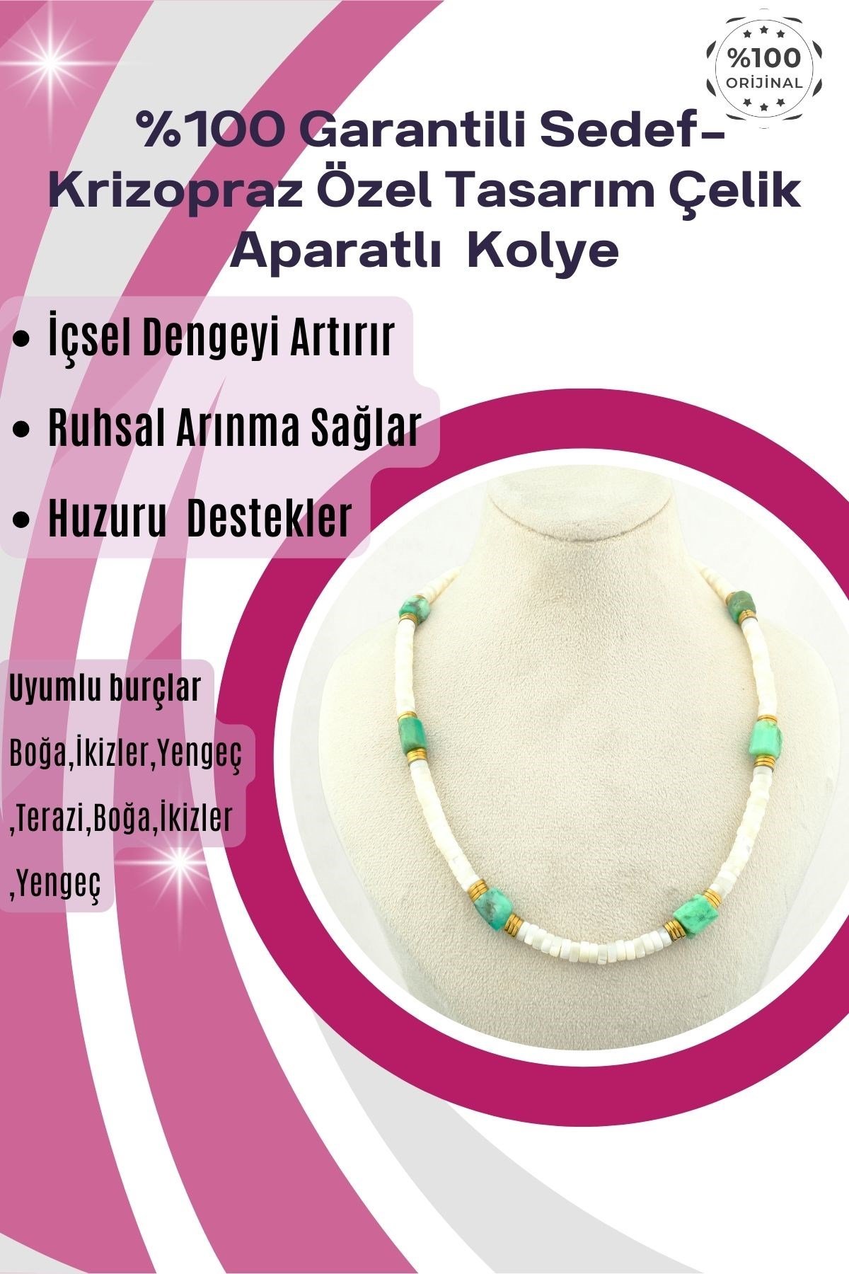 DoğalTaş Kolye %100 Garantili Sedef-Krizopraz Özel Tasarım Çelik Aparatlı -45 cm