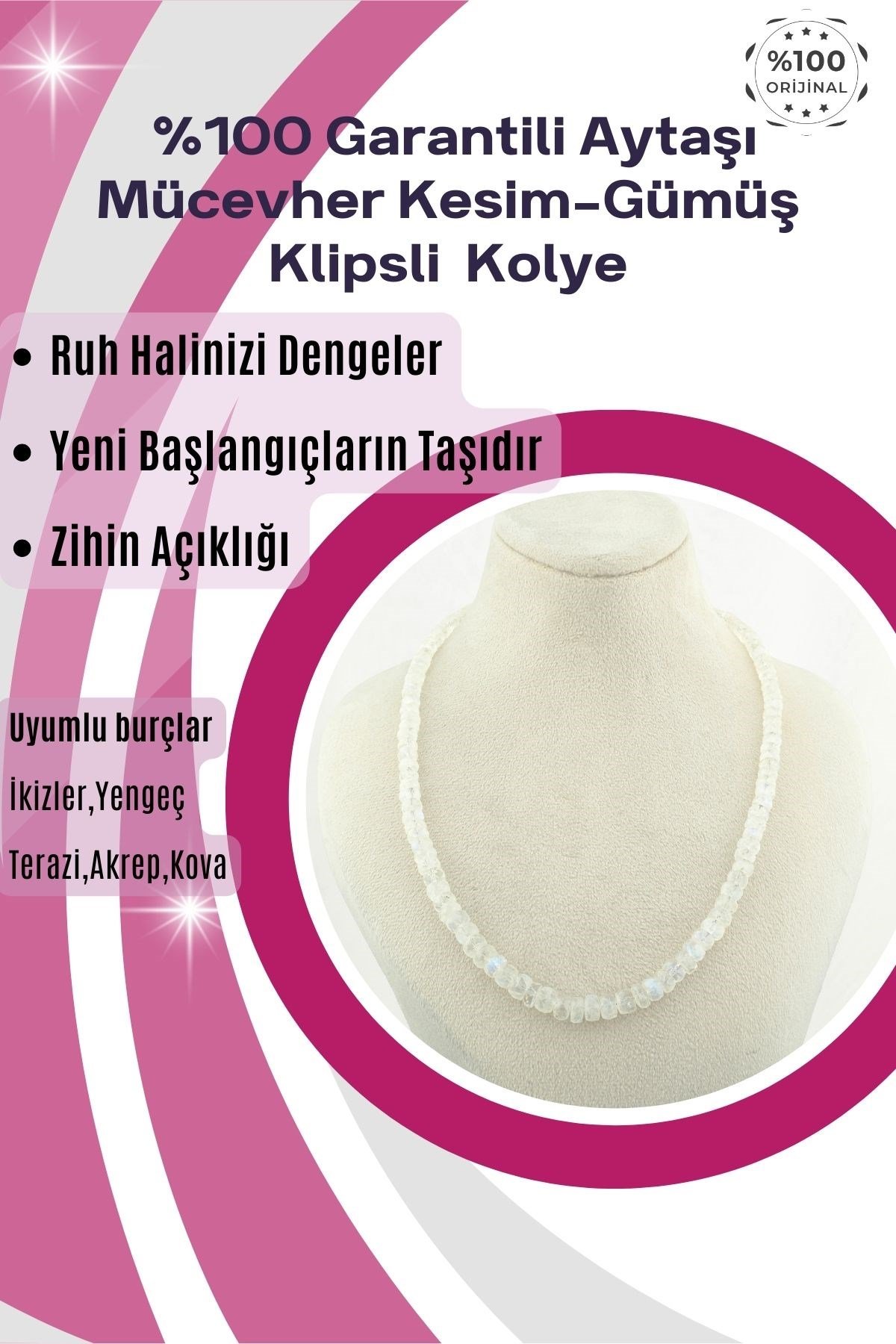 DoğalTaş Kolye %100Garantili Aytaşı Mücevher Kesim-Gümüş Klipsli -45cm