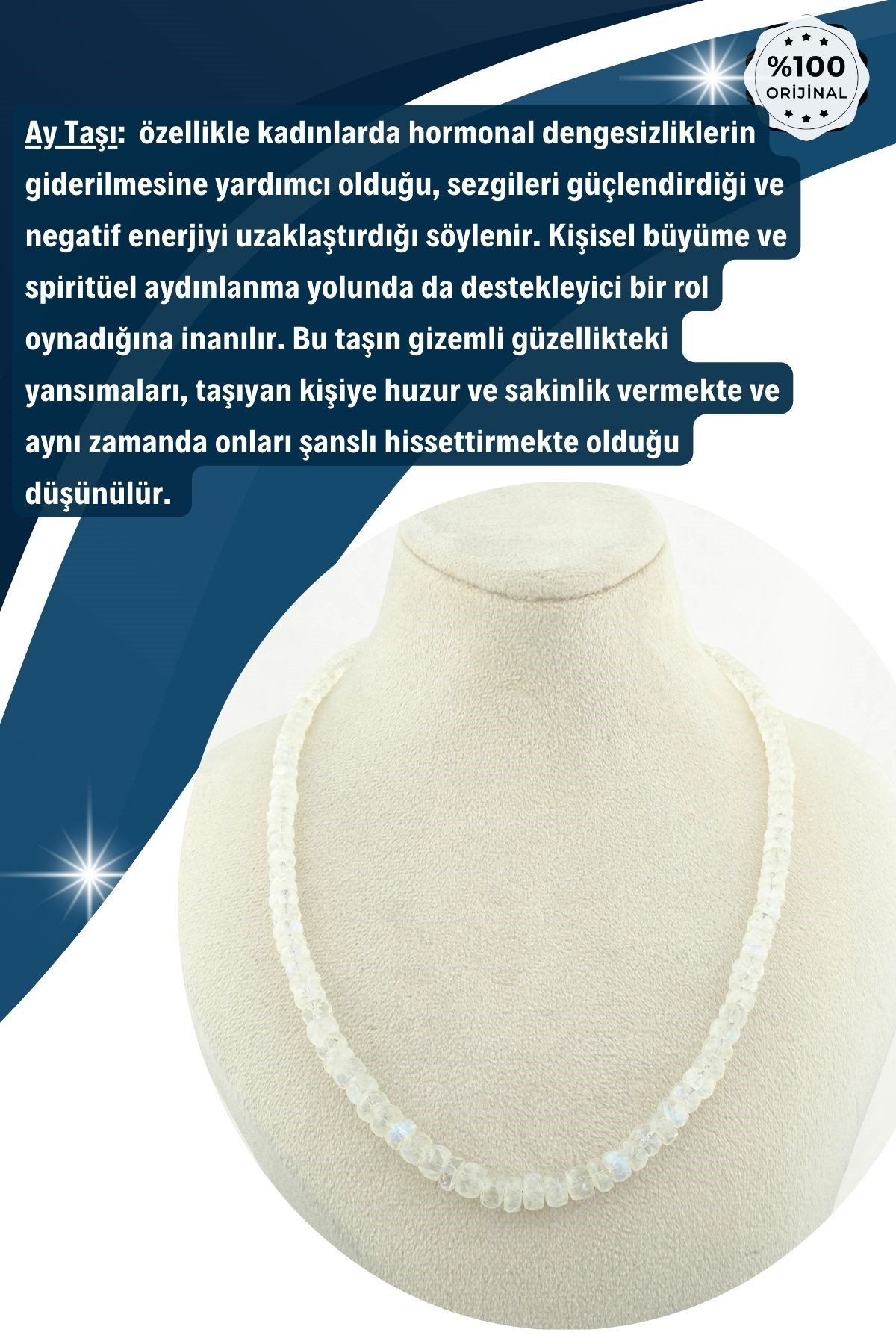 DoğalTaş Kolye %100Garantili Aytaşı Mücevher Kesim-Gümüş Klipsli -45cm