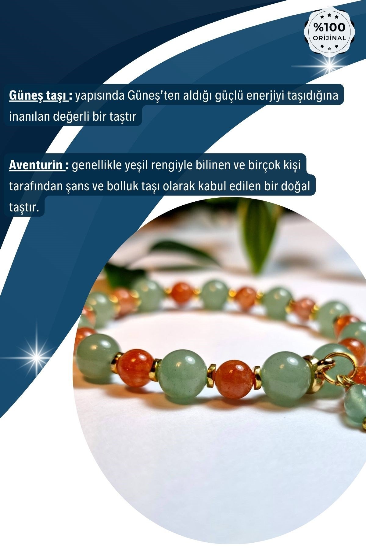 Güneş Taşı-Aventurin %100 Doğal Taş Bileklik