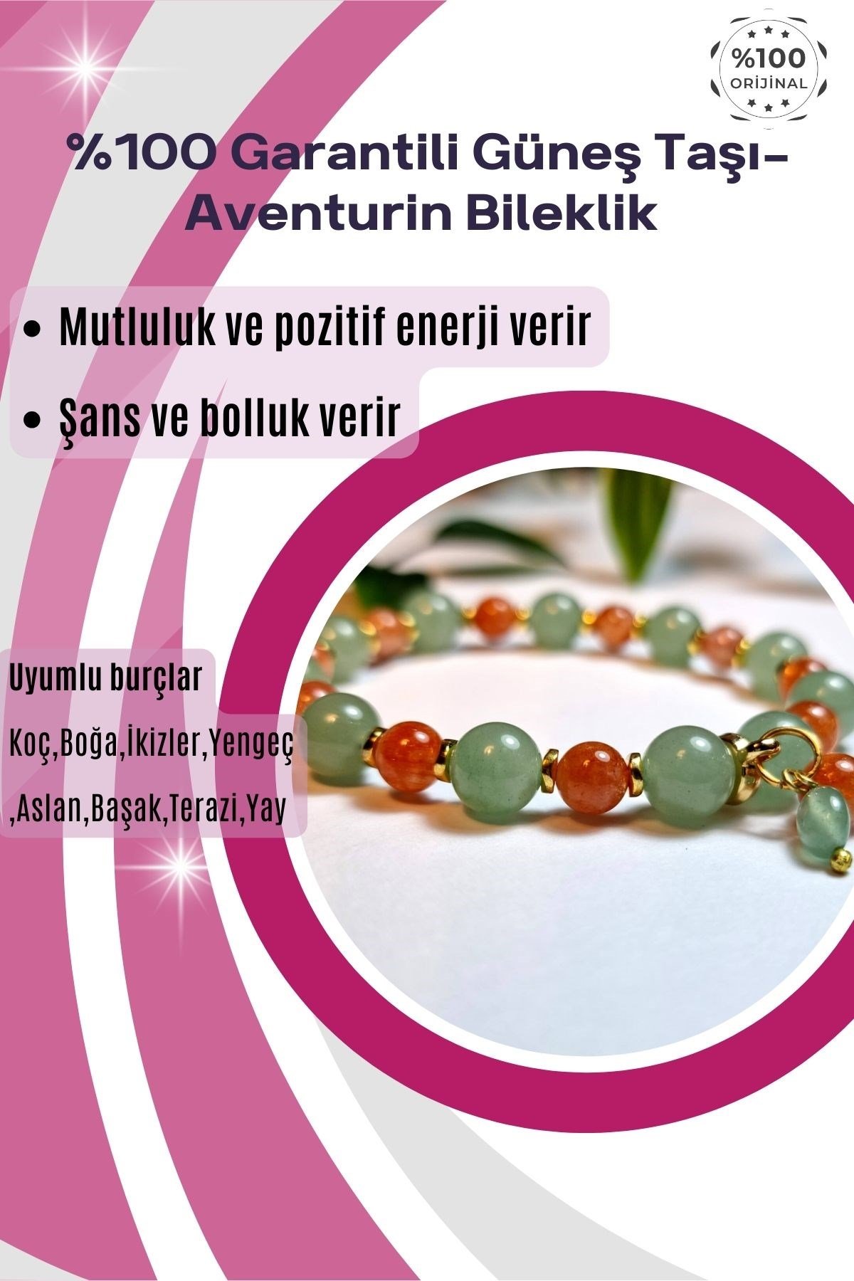 Güneş Taşı-Aventurin %100 Doğal Taş Bileklik