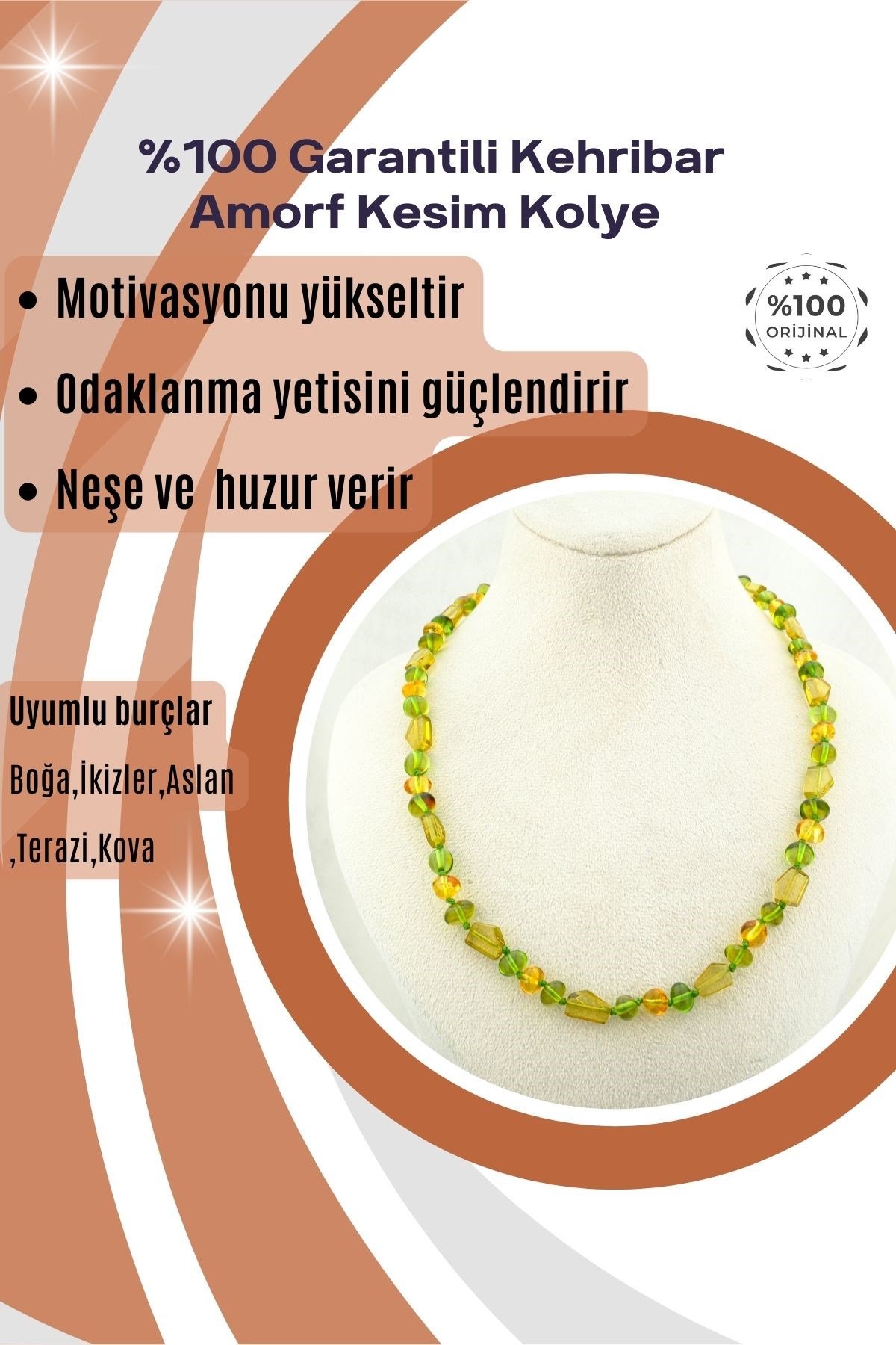 Kehribar Kolye Amorf Kesim %100 Garantili DoğalTaş