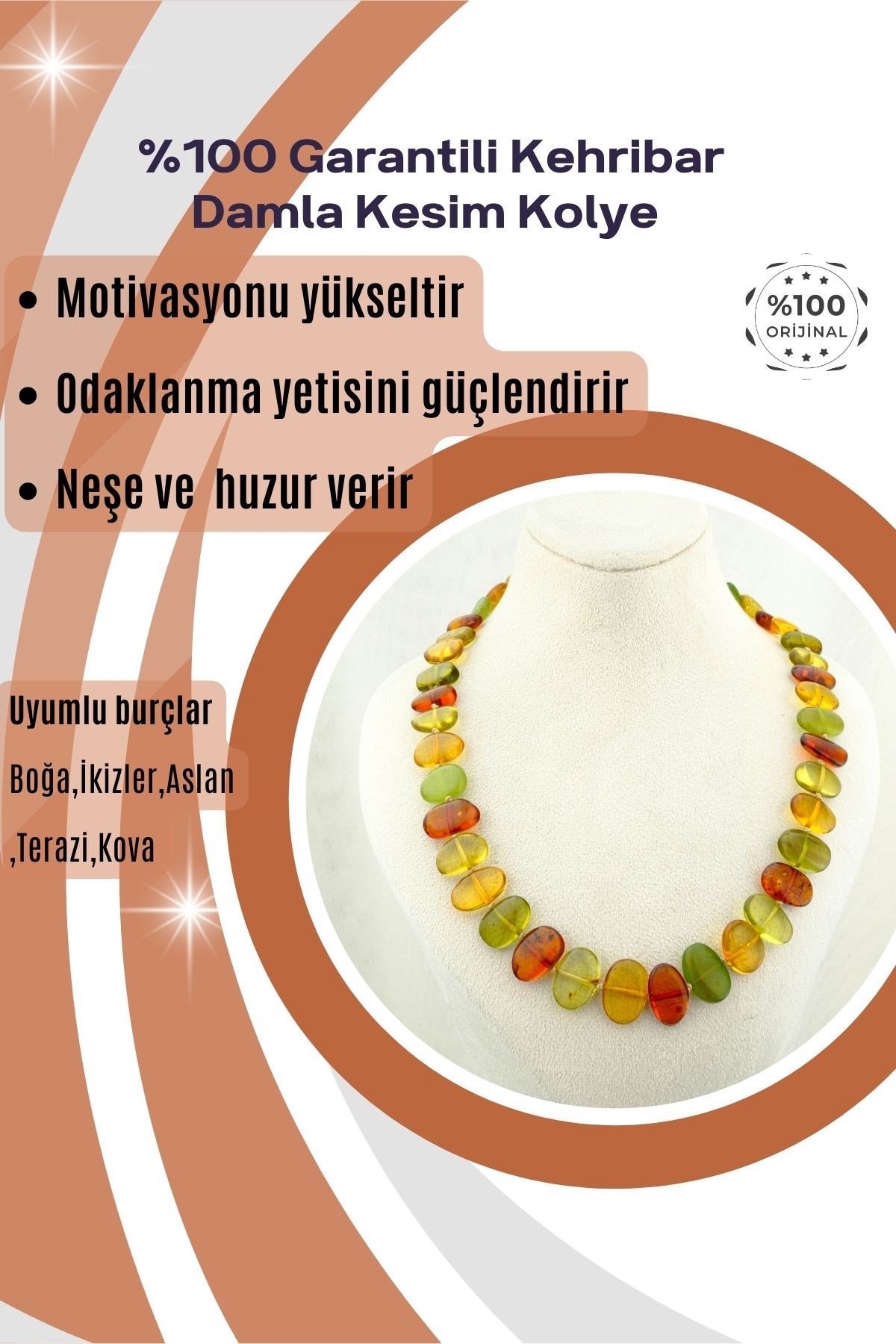 Kehribar Kolye Damla Kesim %100 Garantili DoğalTaş