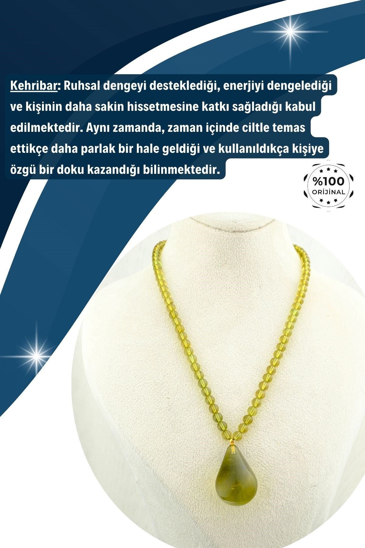 Kehribar Kolye Damla ve Küre Kesim %100 Garantili