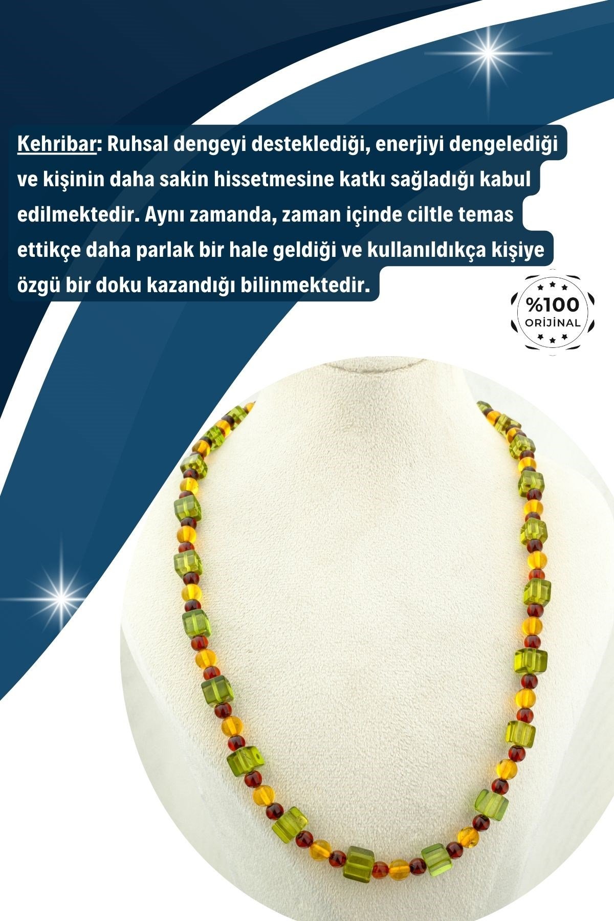 Kehribar Kolye Küp ve Küre Kesim %100 Garantili
