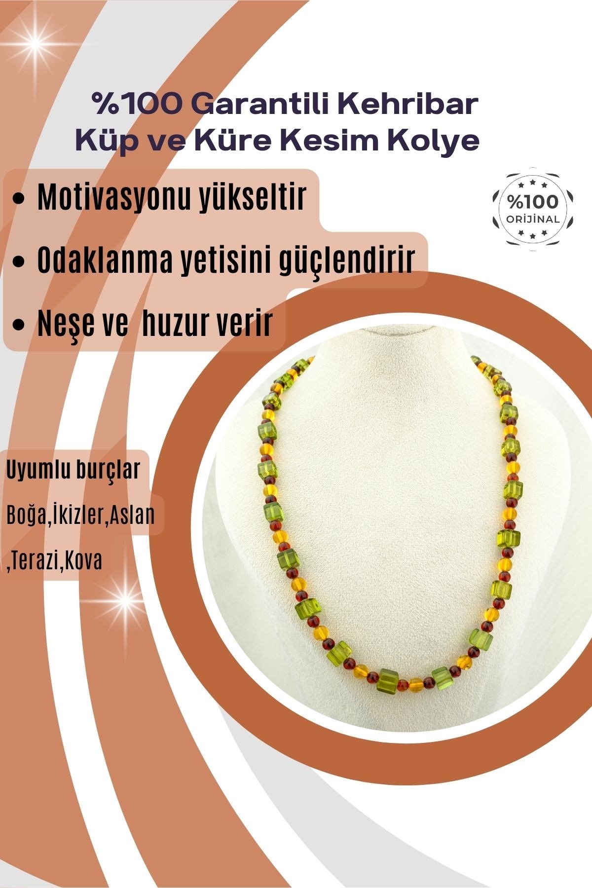Kehribar Kolye Küp ve Küre Kesim %100 Garantili