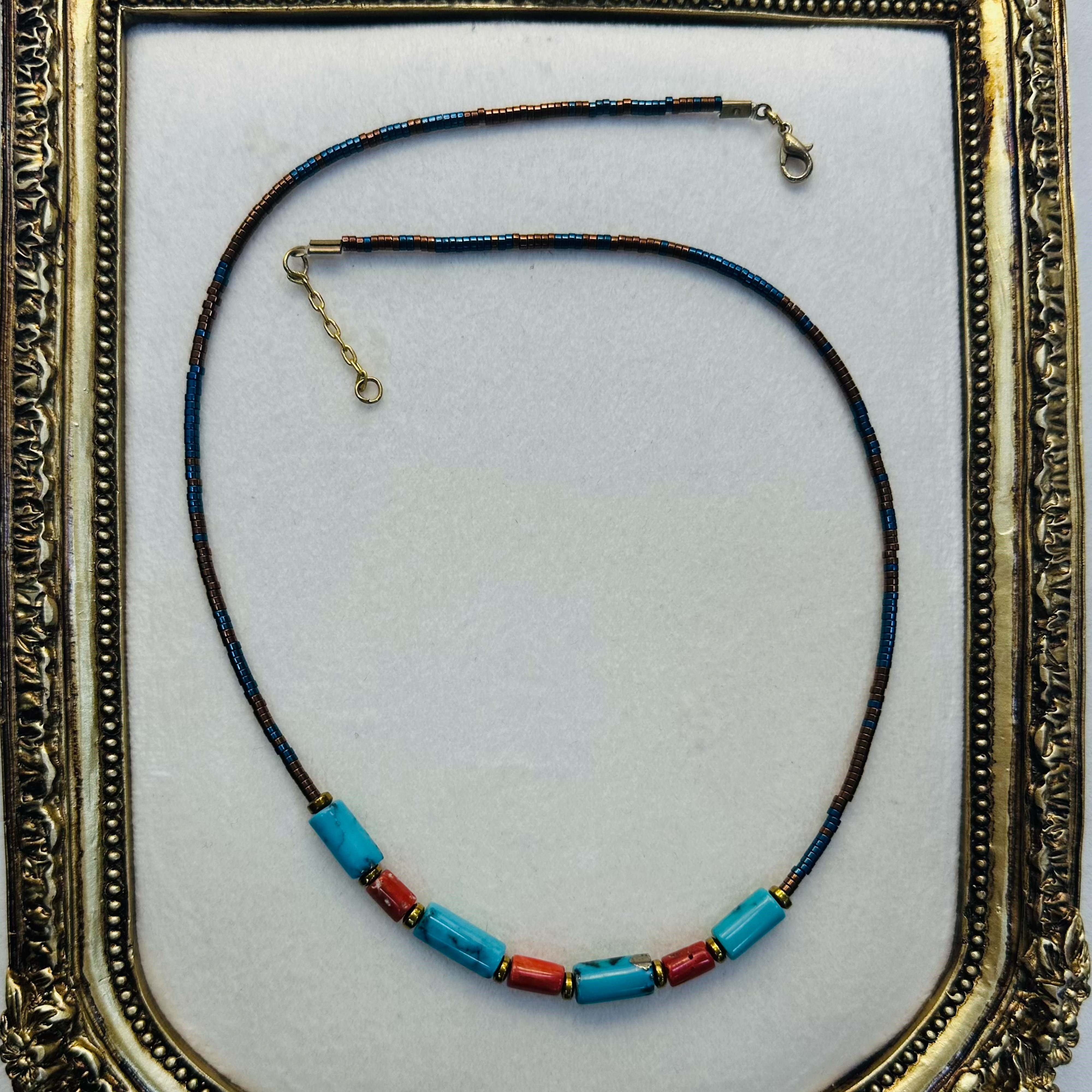Mercan Turkuaz ve Hematit Doğal Taş Kolye 5mm | 49 cm | Gümüş Klipsli