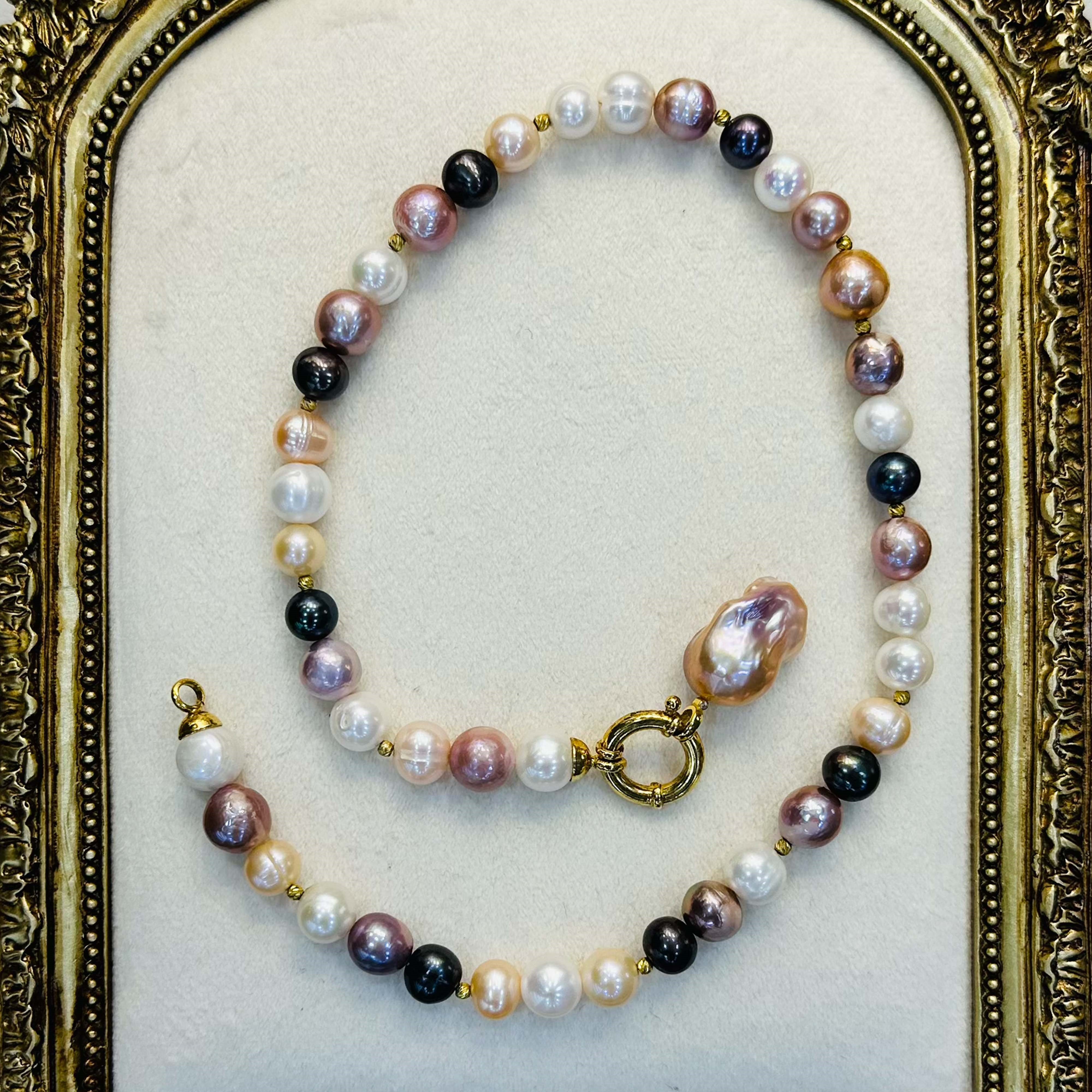 Renkli İnci Kolye | Tatlı Su & Tahiti İnci | 925 Ayar Gümüş | 33 cm | 9 mm