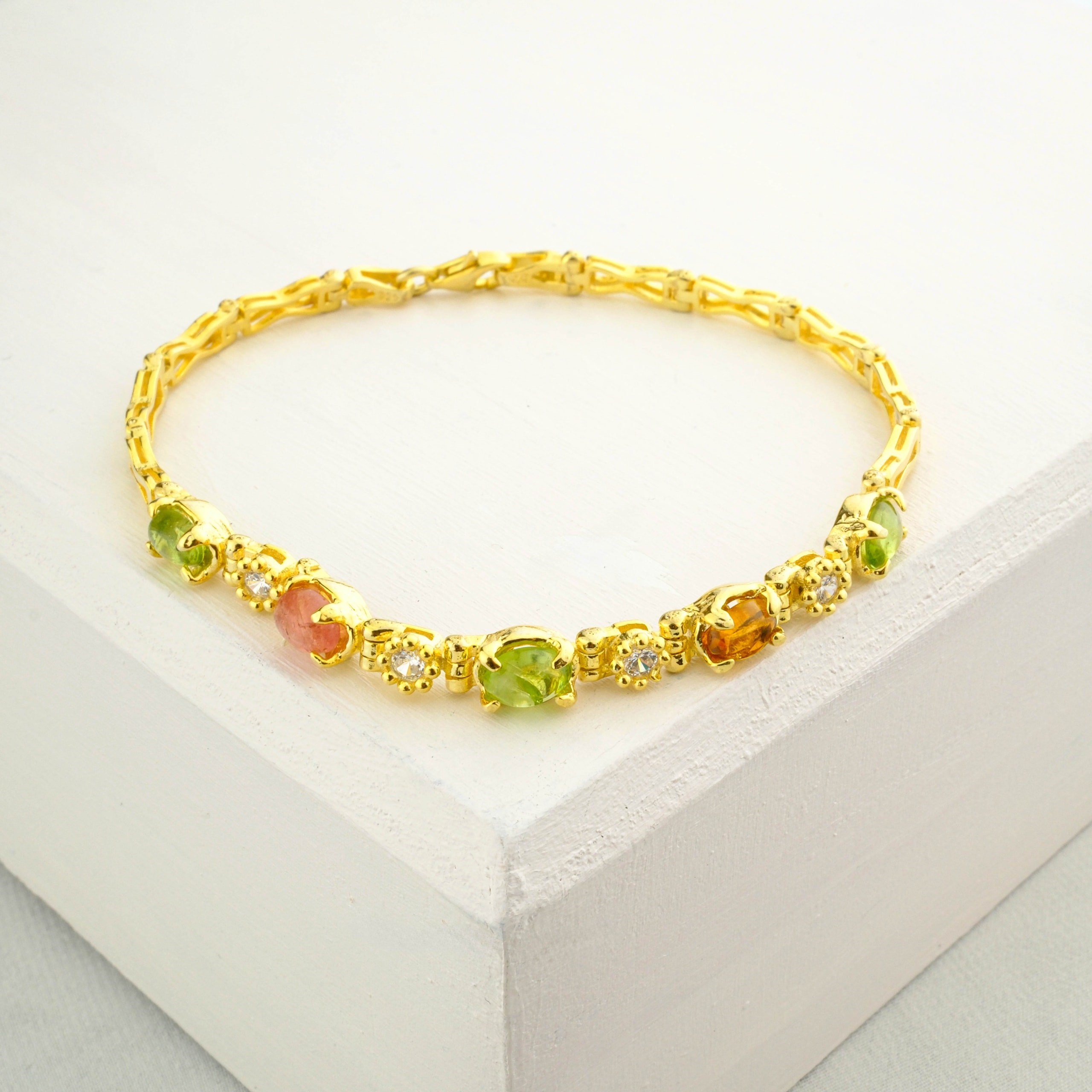 Renkli Turmalin Bileklik 925Ayar Gümüş Gold Kaplama %100 Garantili DoğalTaş