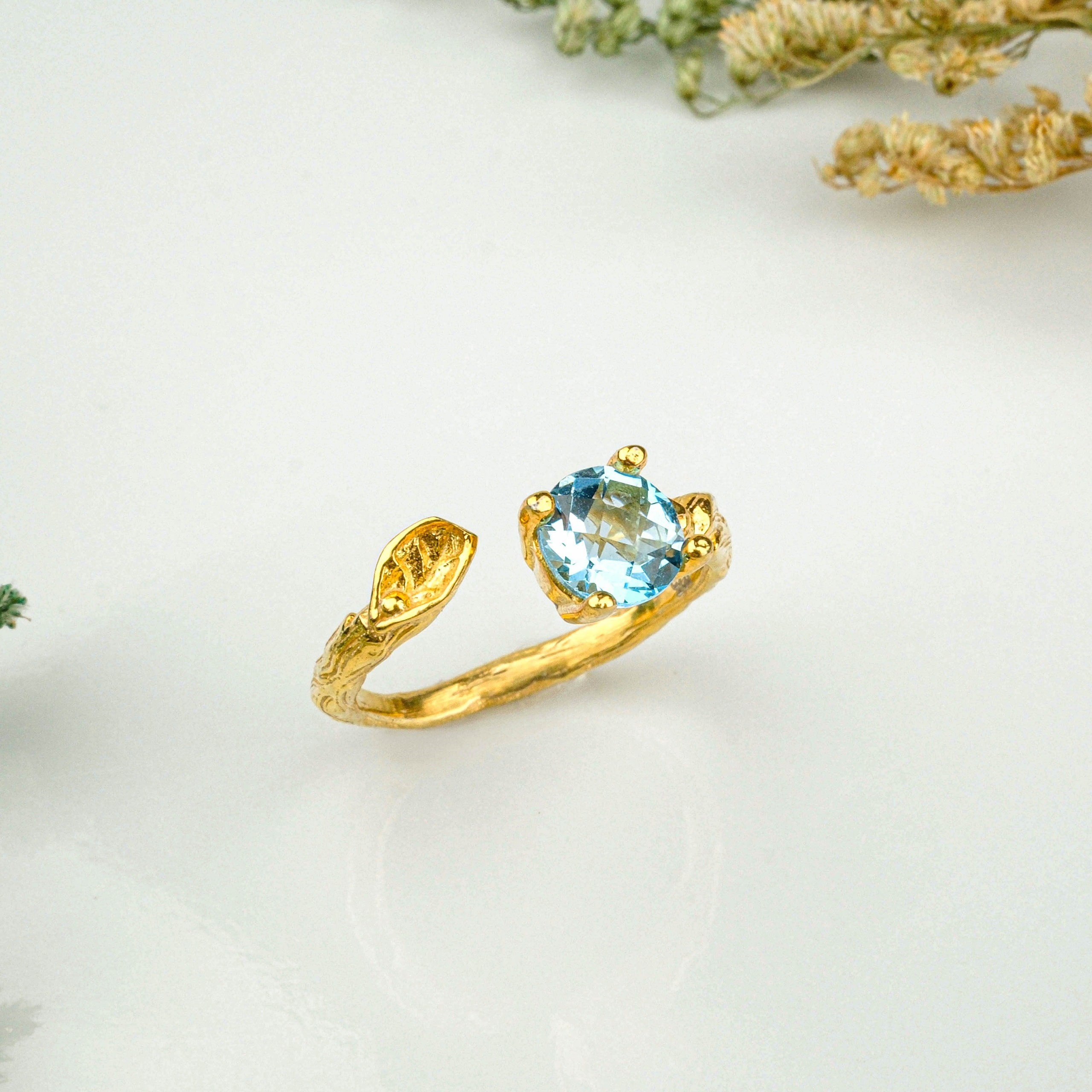Topaz Yüzük Garantili DoğalTaş 925Ayar Gümüş Üzeri Altın Kaplama -Ayarlanabilir ölçü
