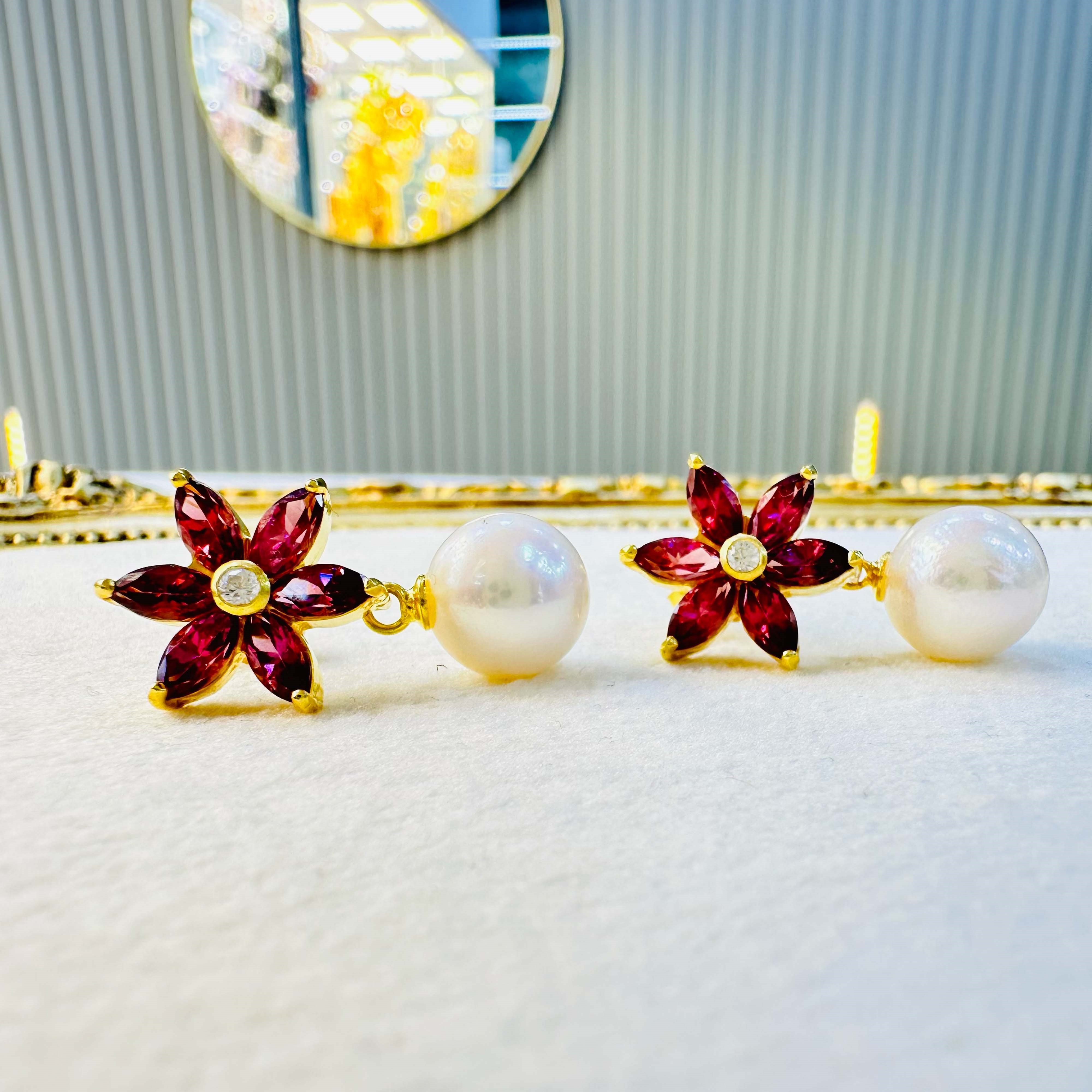Vişne Garnet & Hint İncisi Sallantılı Küpe | Doğal Taş 925 Ayar Gümüş