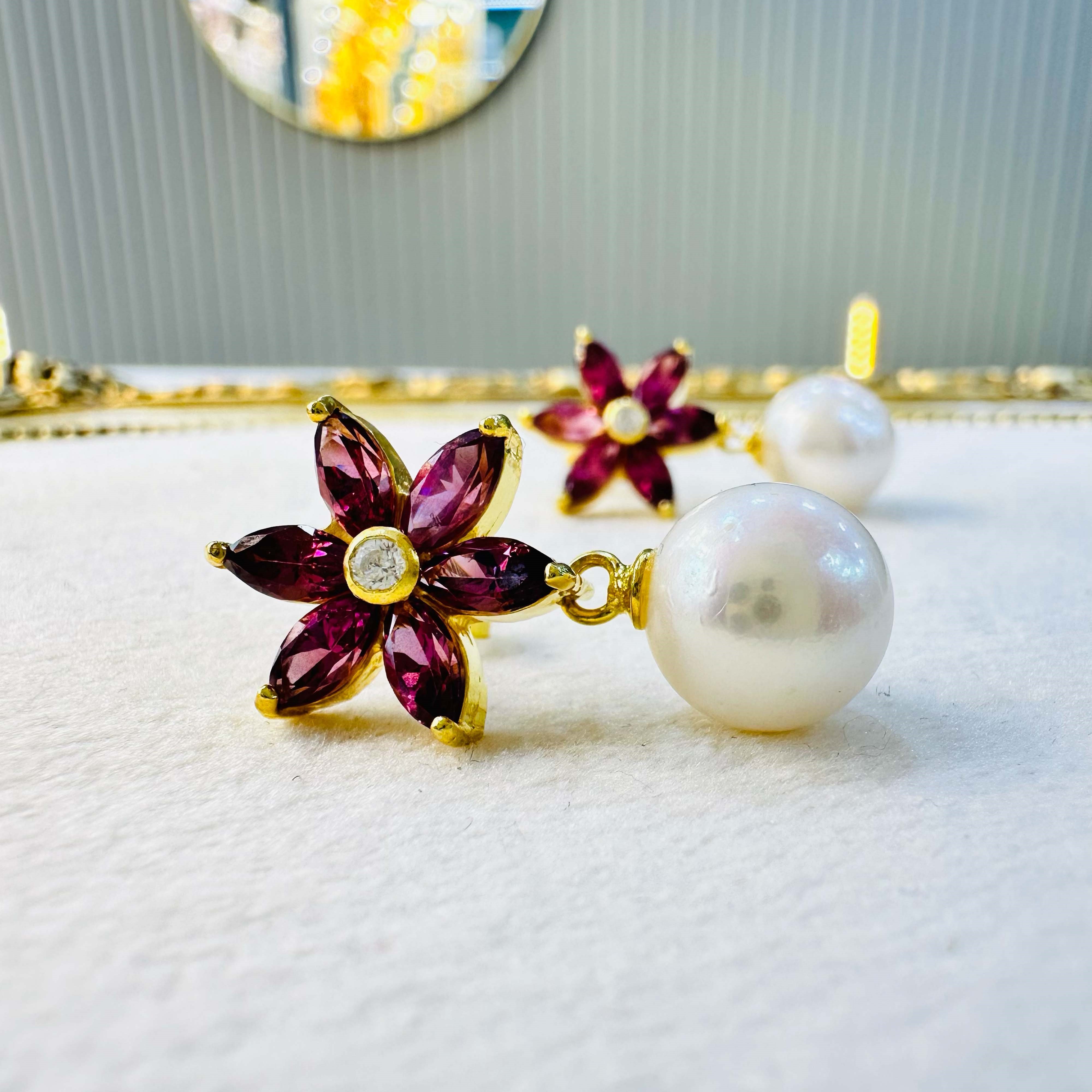 Vişne Garnet & Hint İncisi Sallantılı Küpe | Doğal Taş 925 Ayar Gümüş