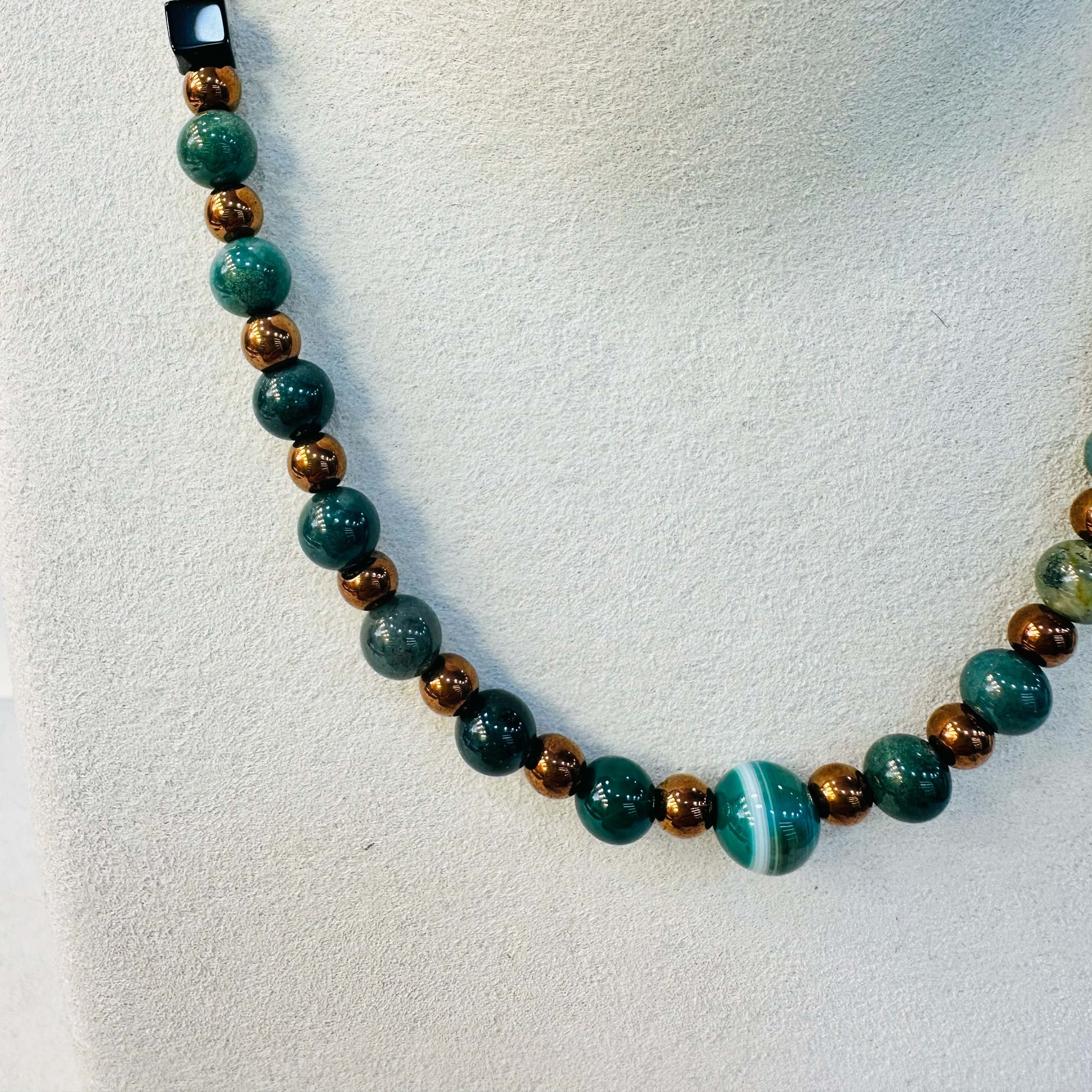 Yeşil & Siyah Akik, Hematit 925 Ayar Gümüş Kolye | Dota Mineral