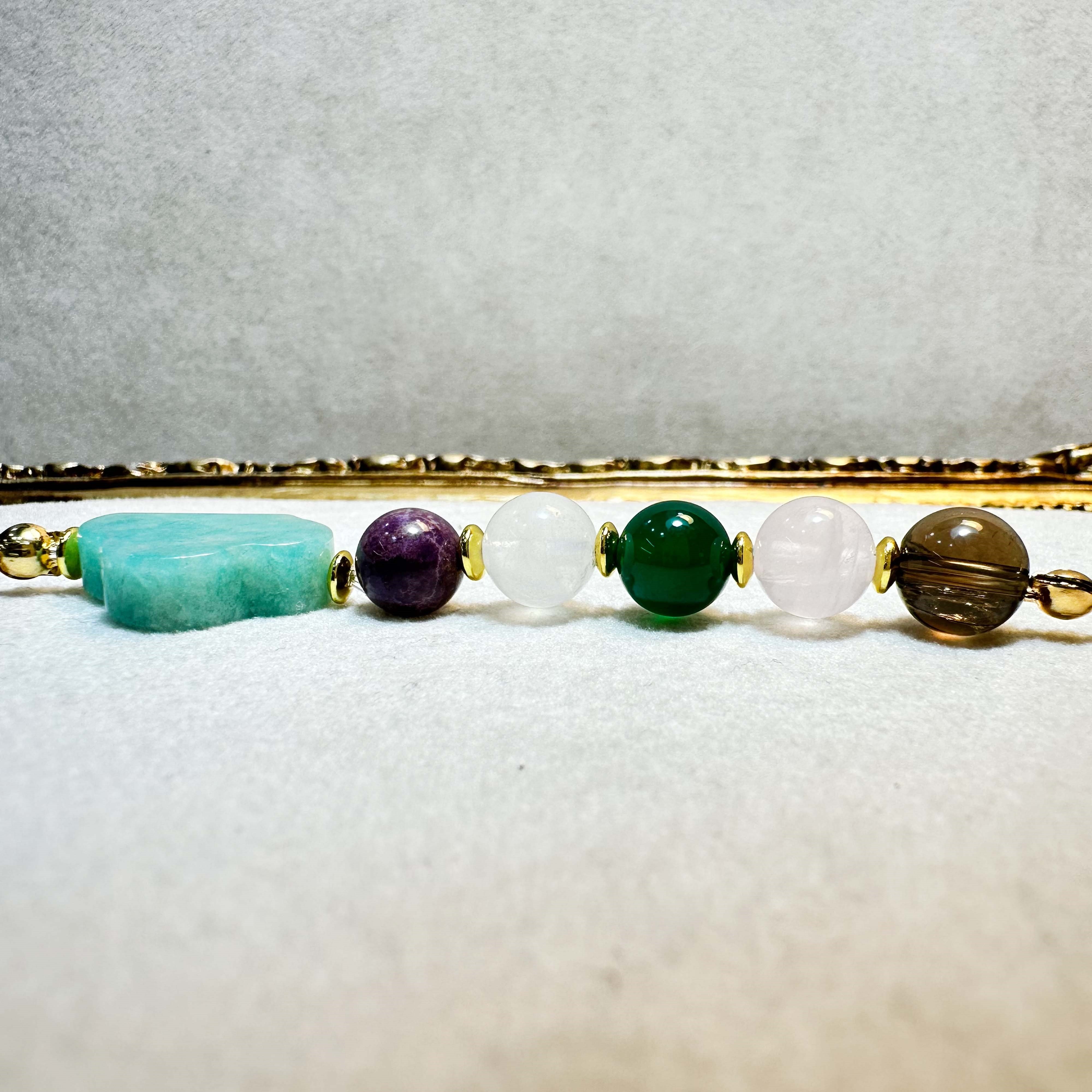 Yonca Doğal Taş Anahtarlık Amazonit Lepidolit Aytaşı Diyoptaz Pembe Kuvars Dumanlı Kuvars Hematit 13,5 cm