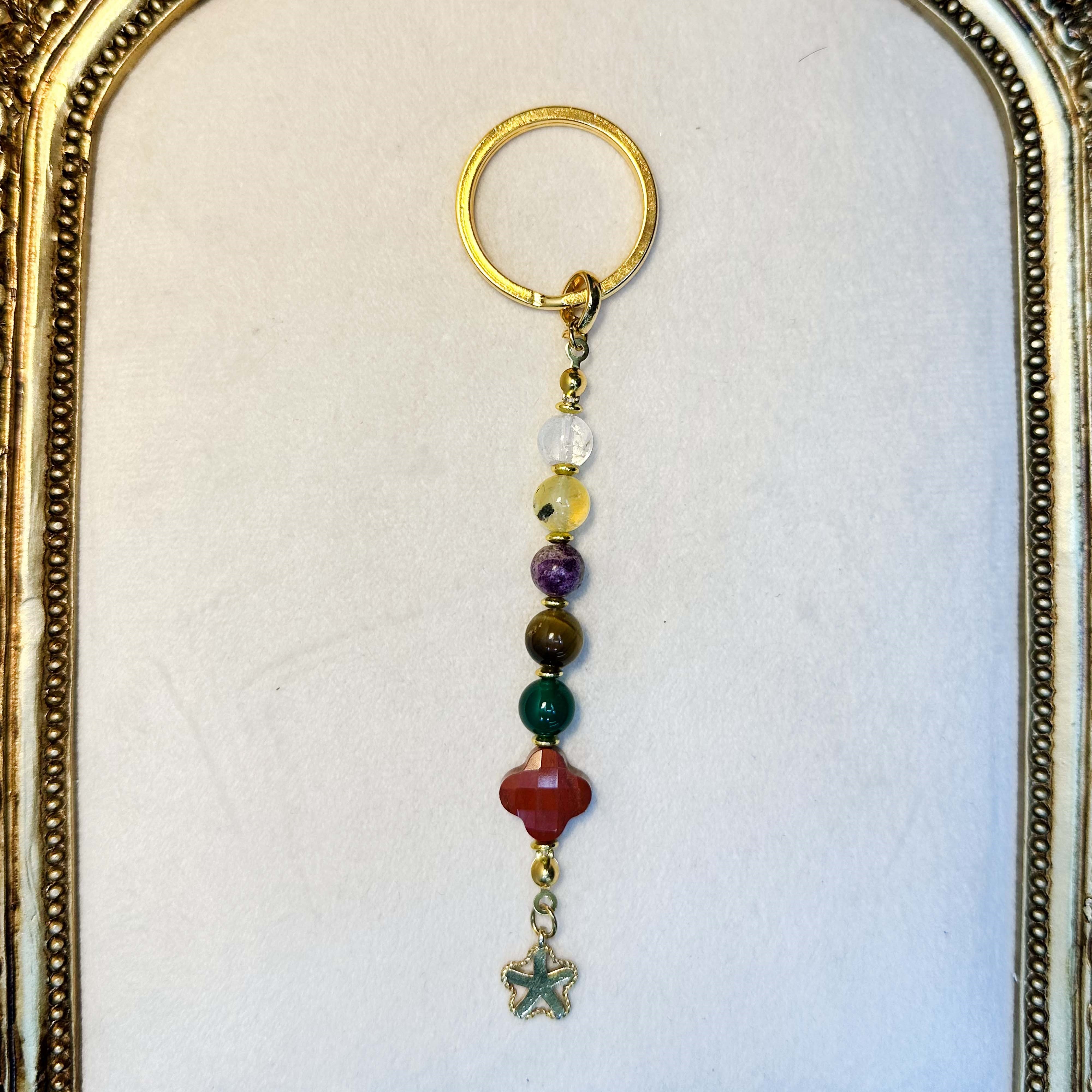 Yonca Doğal Taş Anahtarlık Jasper Diyoptaz Kaplangözü Lepidolit Perinayt Kristal Kuvars Hematit 13,5 cm