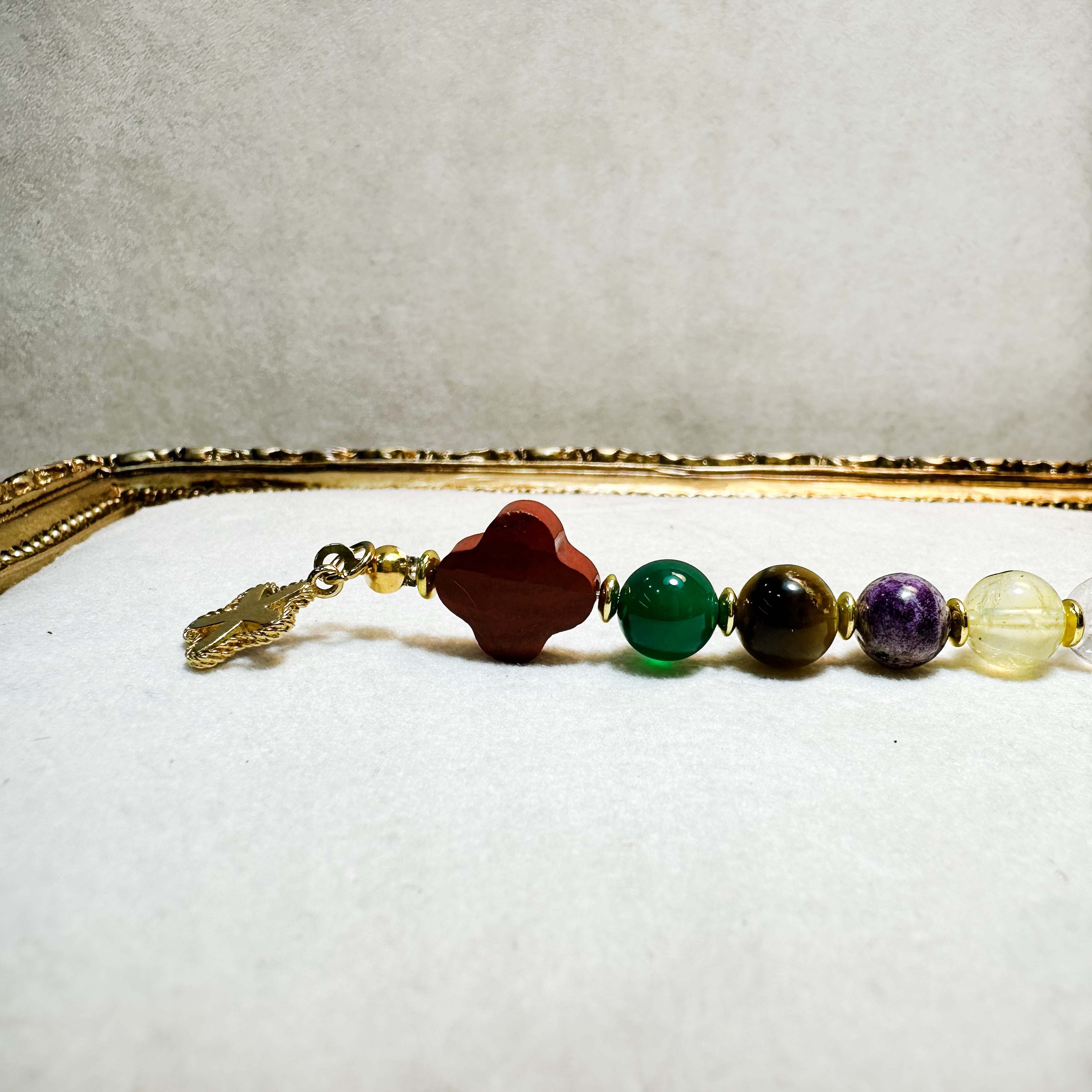 Yonca Doğal Taş Anahtarlık Jasper Diyoptaz Kaplangözü Lepidolit Perinayt Kristal Kuvars Hematit 13,5 cm