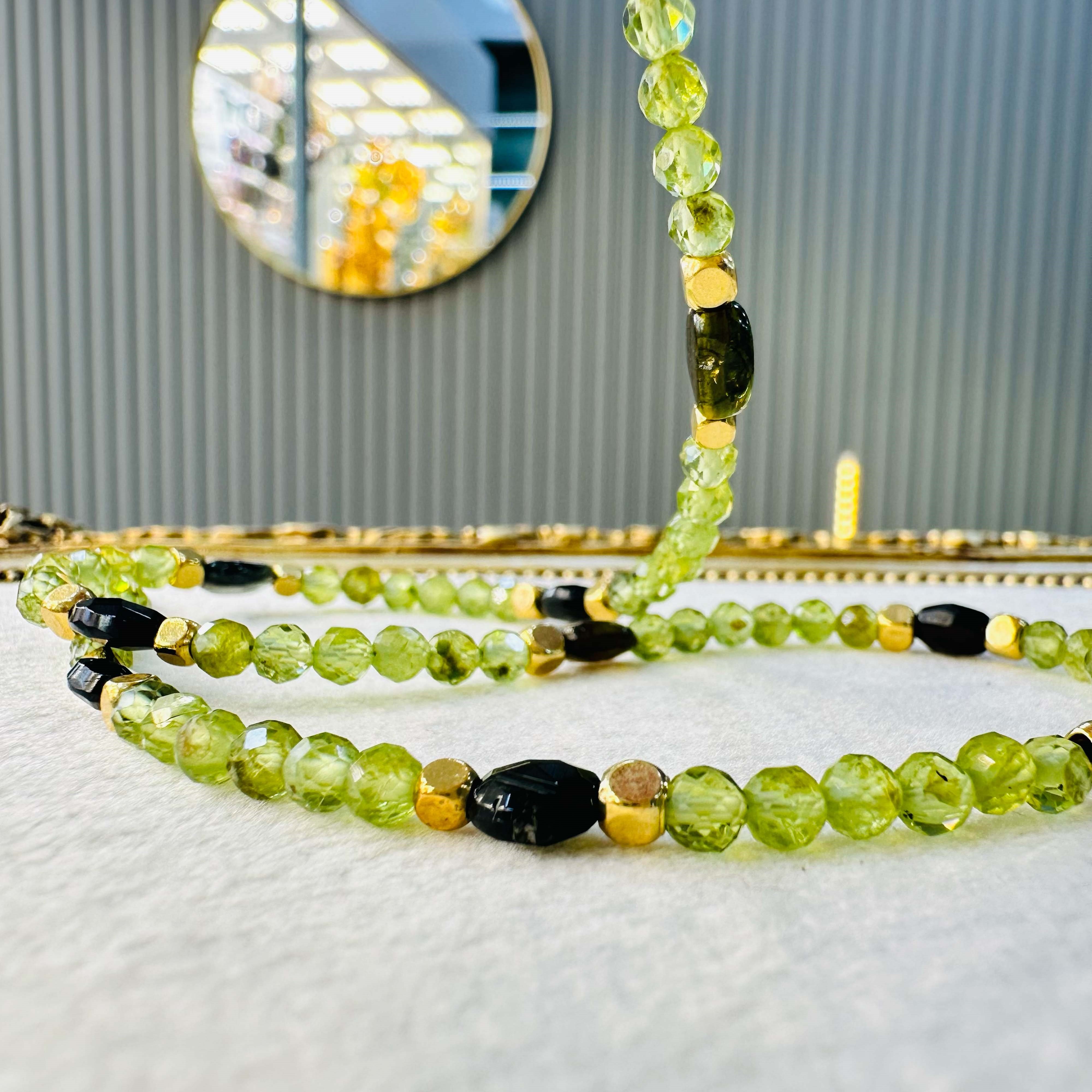 Zeberced (Peridot) ve Turmalin Doğal Taş Kolye | Gümüş Klipsli