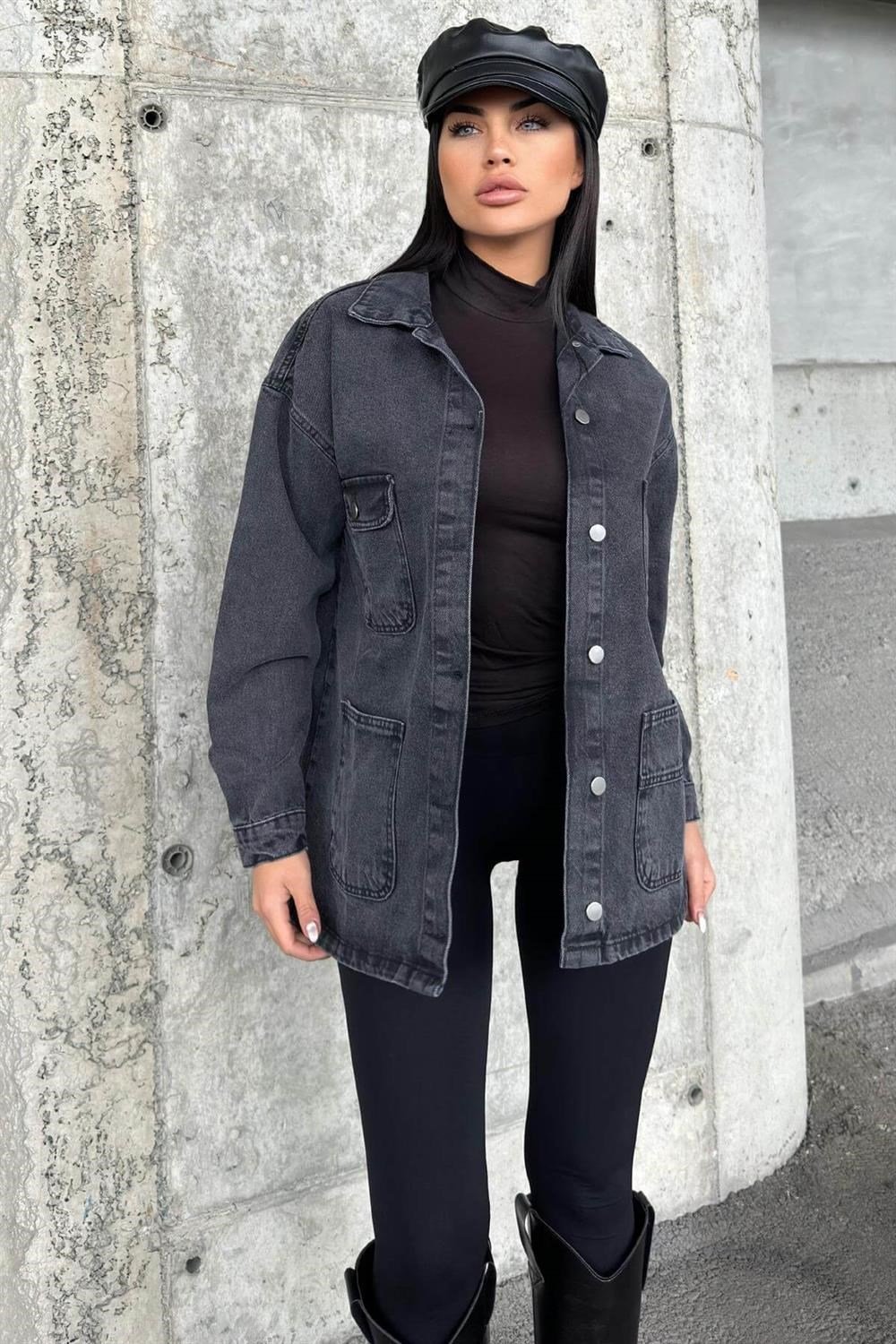 Antrasıt Geniş Cepli, Düğme Detaylı, Oversize Kot Ceket Gömlek