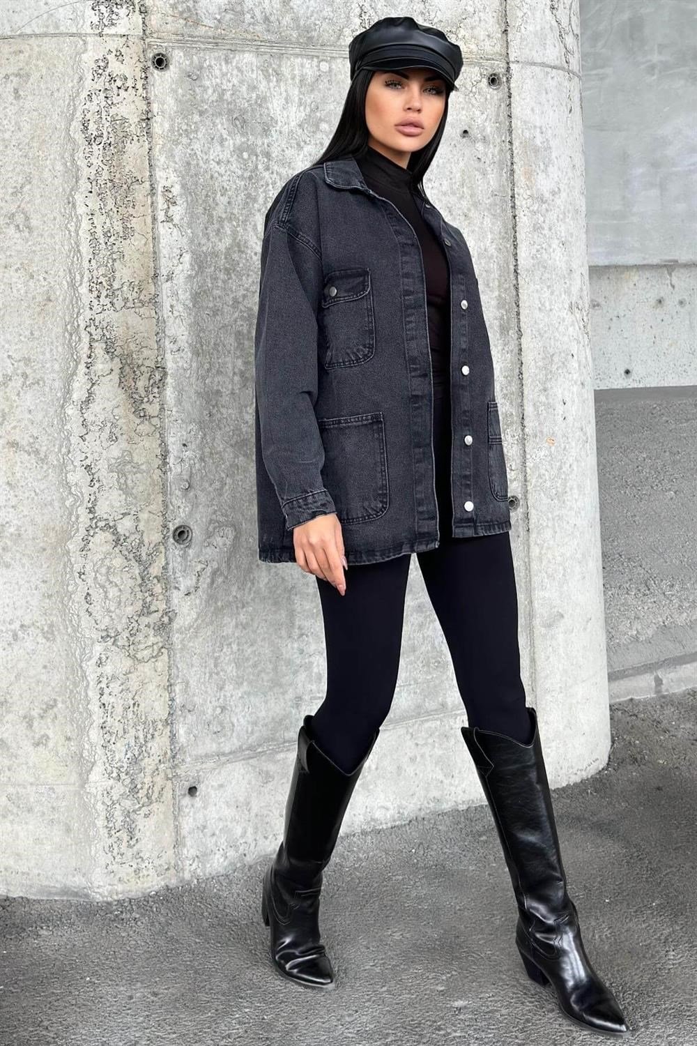 Antrasıt Geniş Cepli, Düğme Detaylı, Oversize Kot Ceket Gömlek