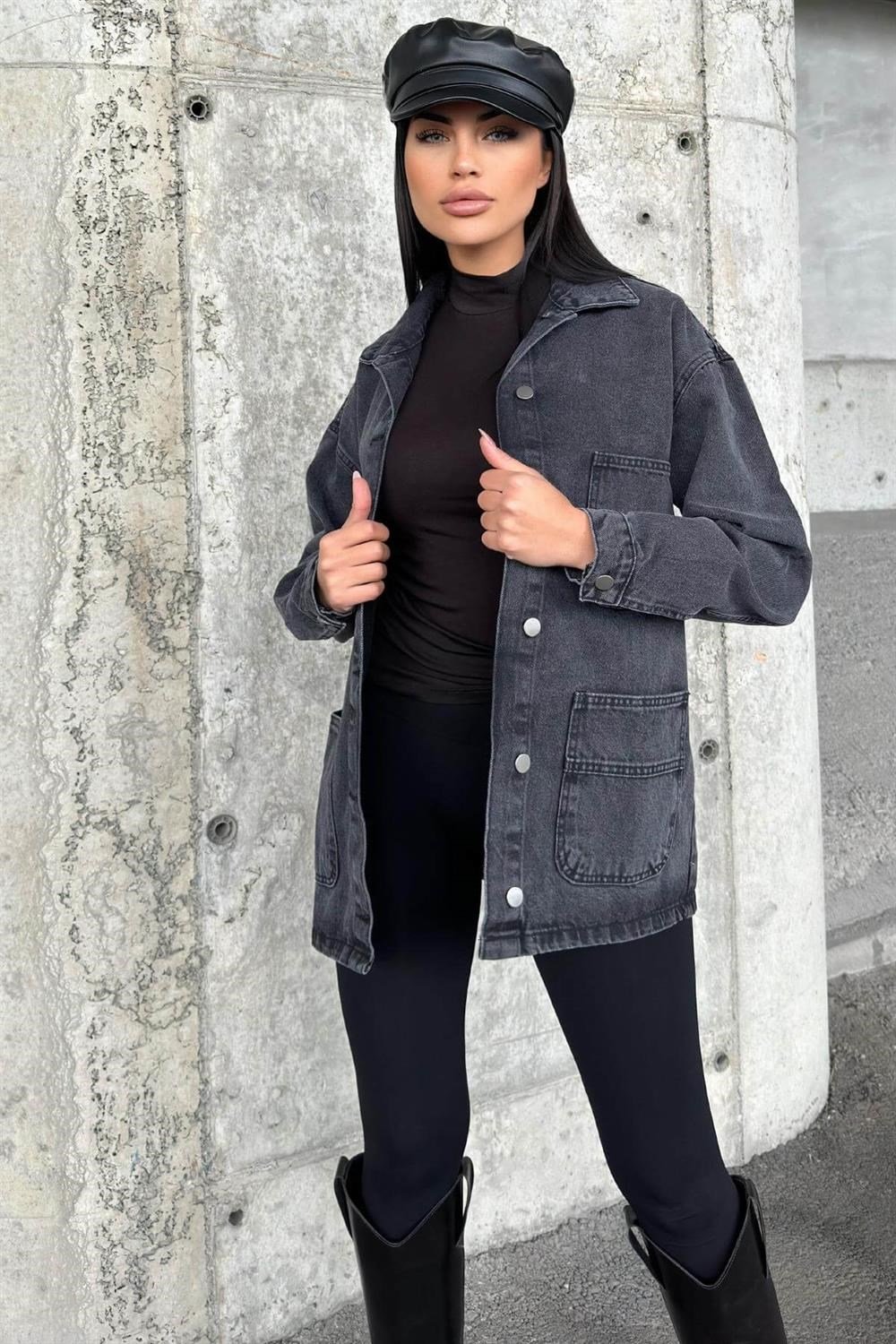 Antrasıt Geniş Cepli, Düğme Detaylı, Oversize Kot Ceket Gömlek
