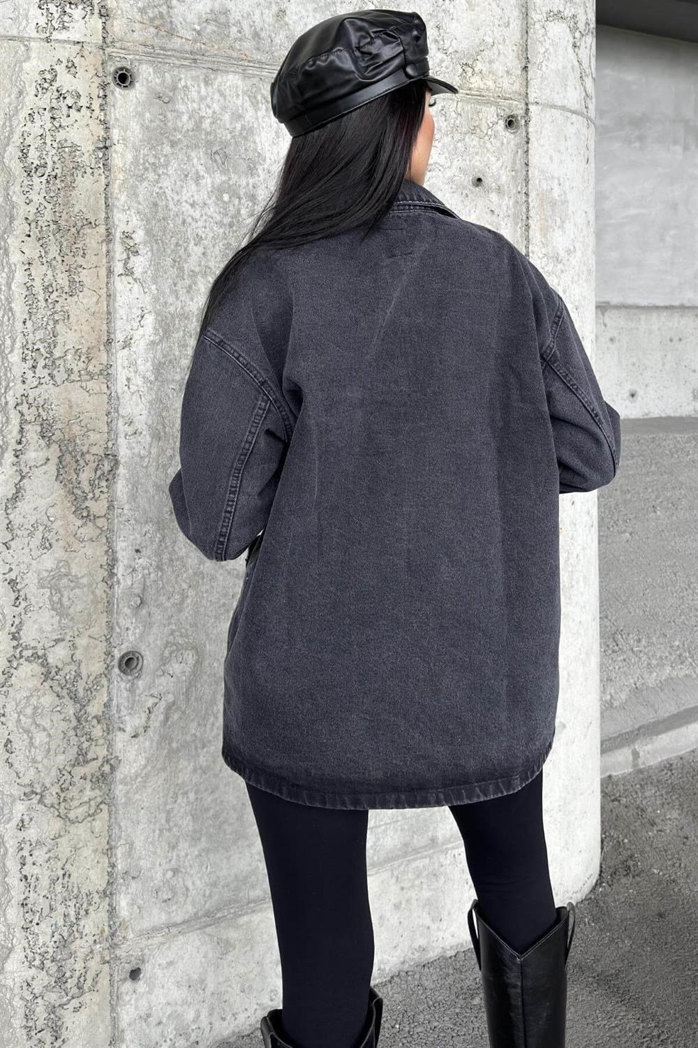 Antrasıt Geniş Cepli, Düğme Detaylı, Oversize Kot Ceket Gömlek