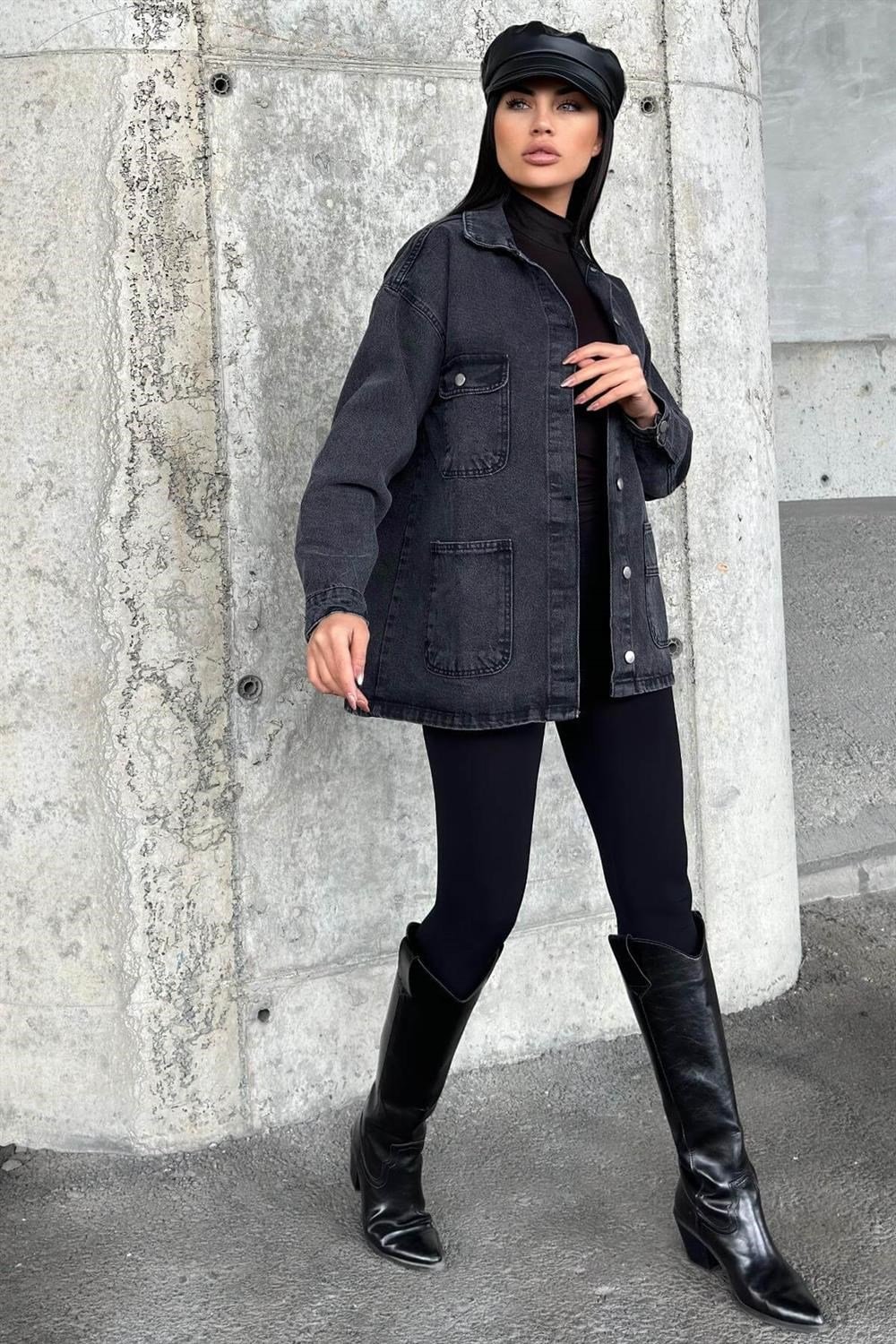 Antrasıt Geniş Cepli, Düğme Detaylı, Oversize Kot Ceket Gömlek
