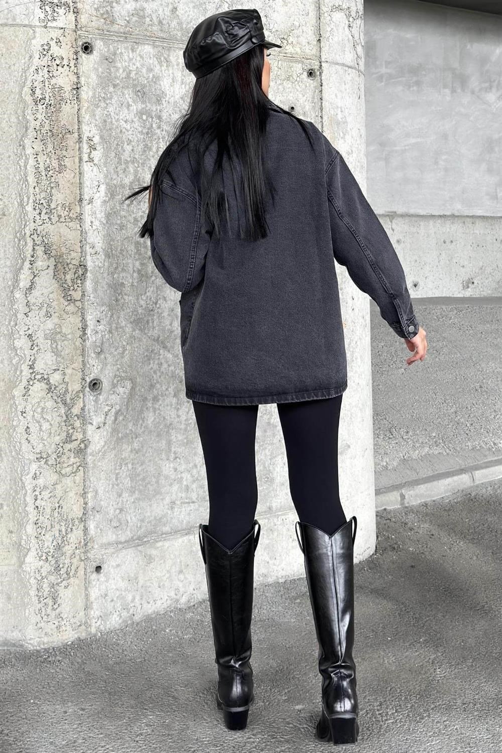 Antrasıt Geniş Cepli, Düğme Detaylı, Oversize Kot Ceket Gömlek