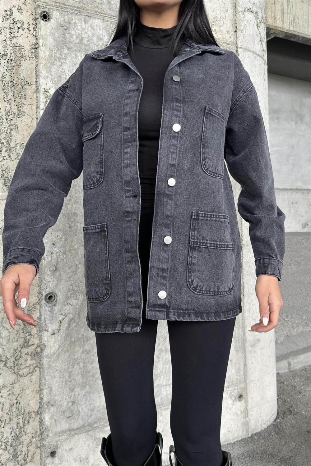 Antrasıt Geniş Cepli, Düğme Detaylı, Oversize Kot Ceket Gömlek