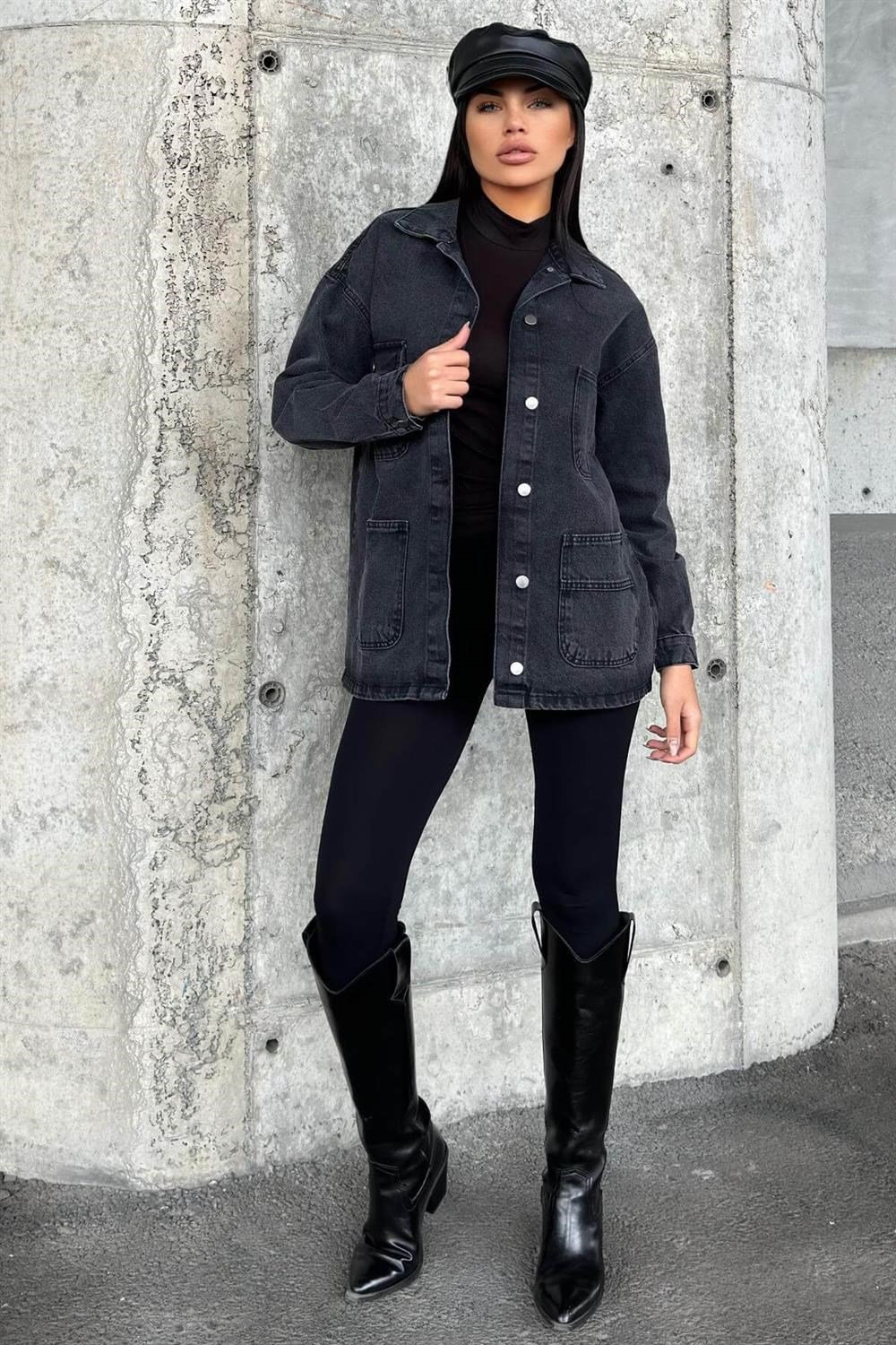 Antrasıt Geniş Cepli, Düğme Detaylı, Oversize Kot Ceket Gömlek