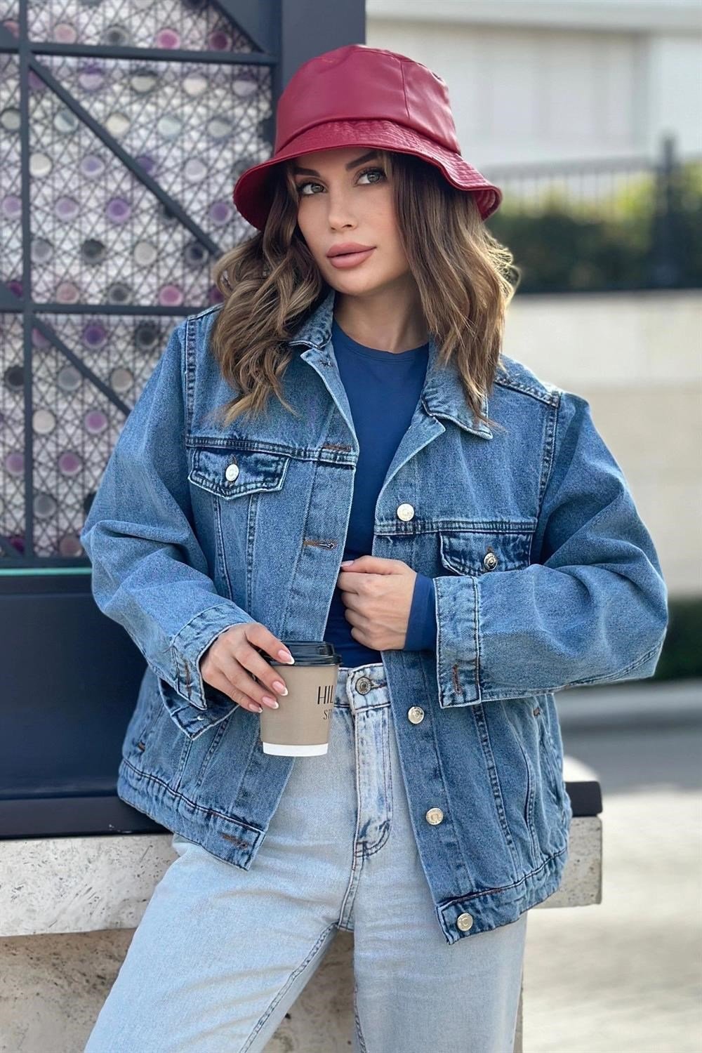 Kadın Açık Mavi Çift Cepli, Kaliteli Jeans Kumaş, Salaş Kot Ceket