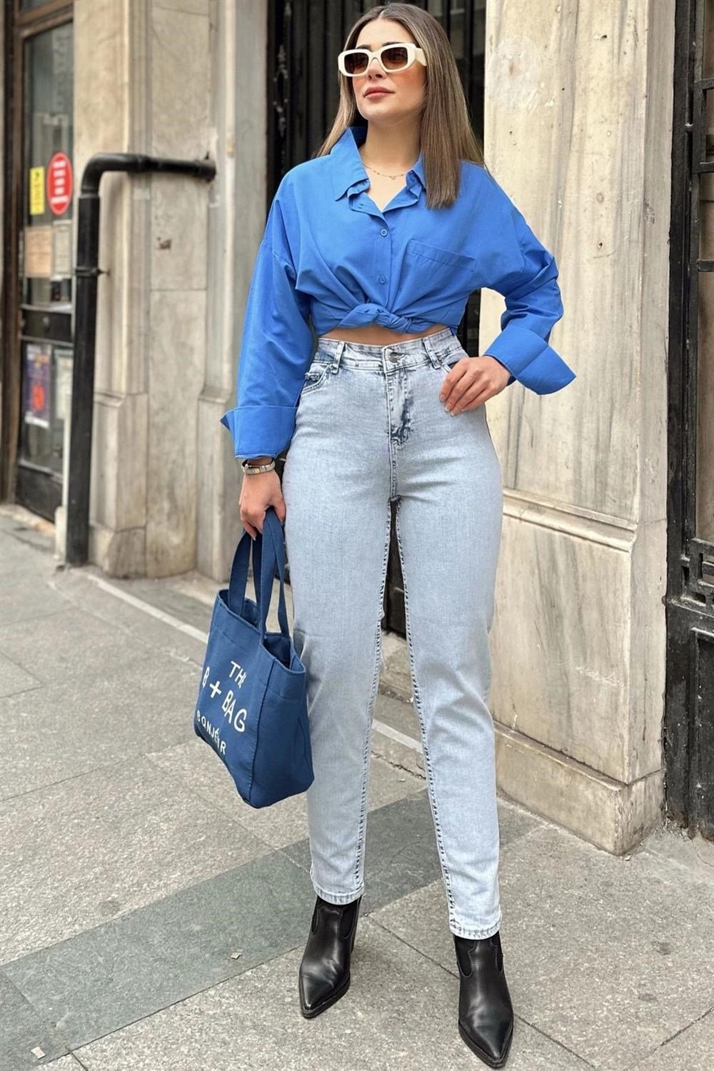 Kadın Açık Mavi Yüksek Bel, Rahat Kesim, Boru Paça, Skinny Kot Pantolon - Jeans