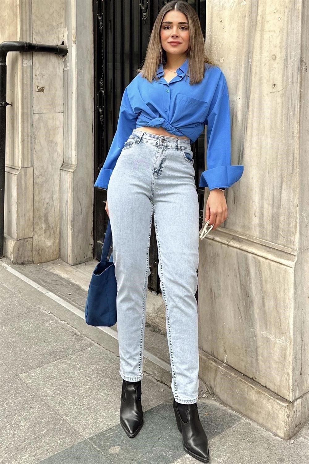 Kadın Açık Mavi Yüksek Bel, Rahat Kesim, Boru Paça, Skinny Kot Pantolon - Jeans