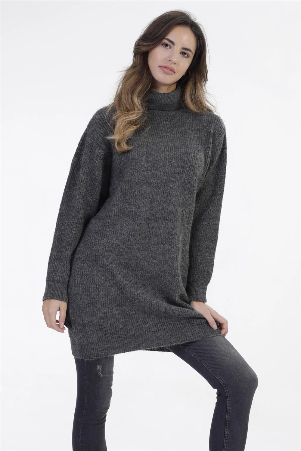 Kadın Antrasit Balıkçı Yaka Uzun Kol Basic Kaliteli Kumaş Oversize Kesim Günlük Triko