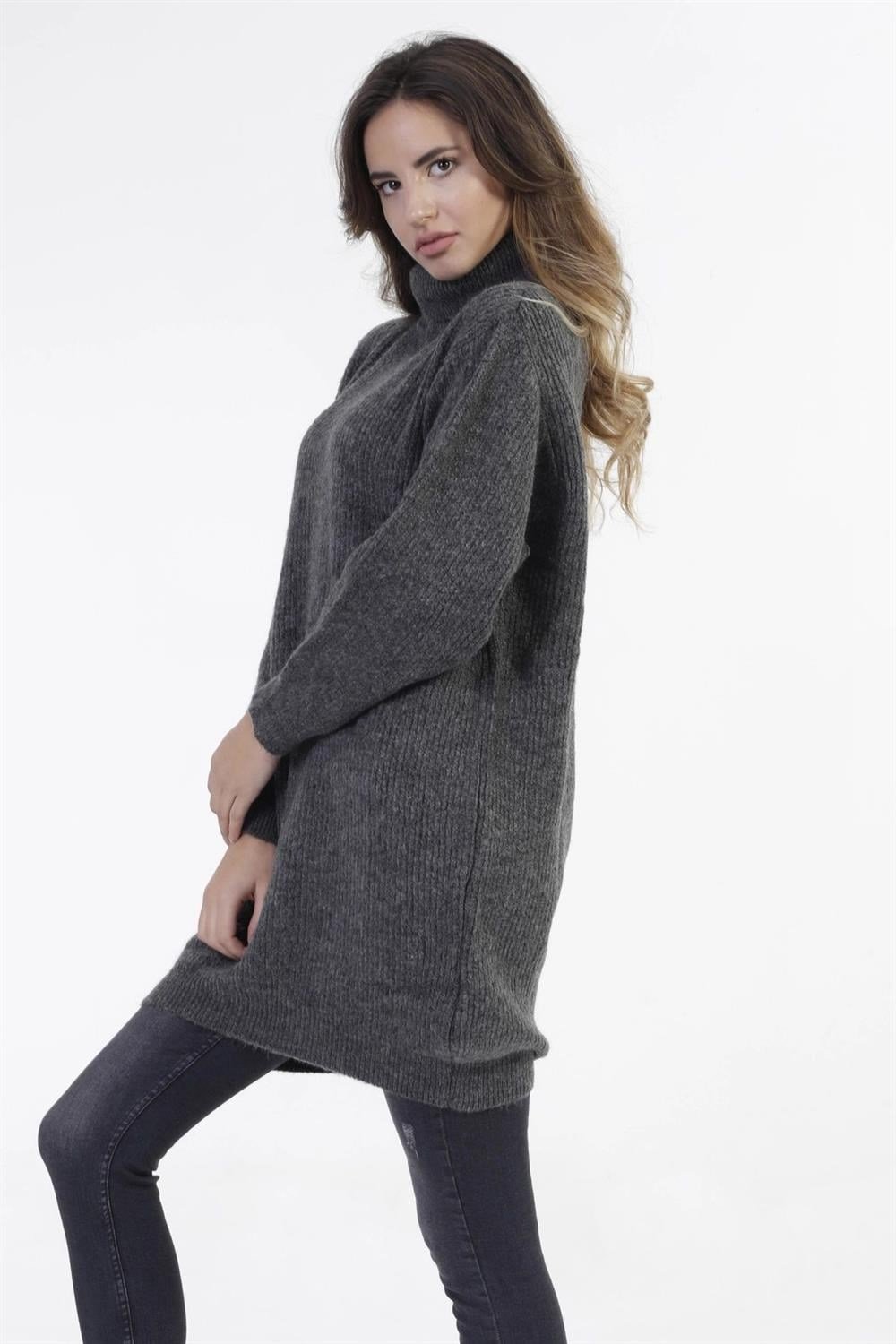 Kadın Antrasit Balıkçı Yaka Uzun Kol Basic Kaliteli Kumaş Oversize Kesim Günlük Triko