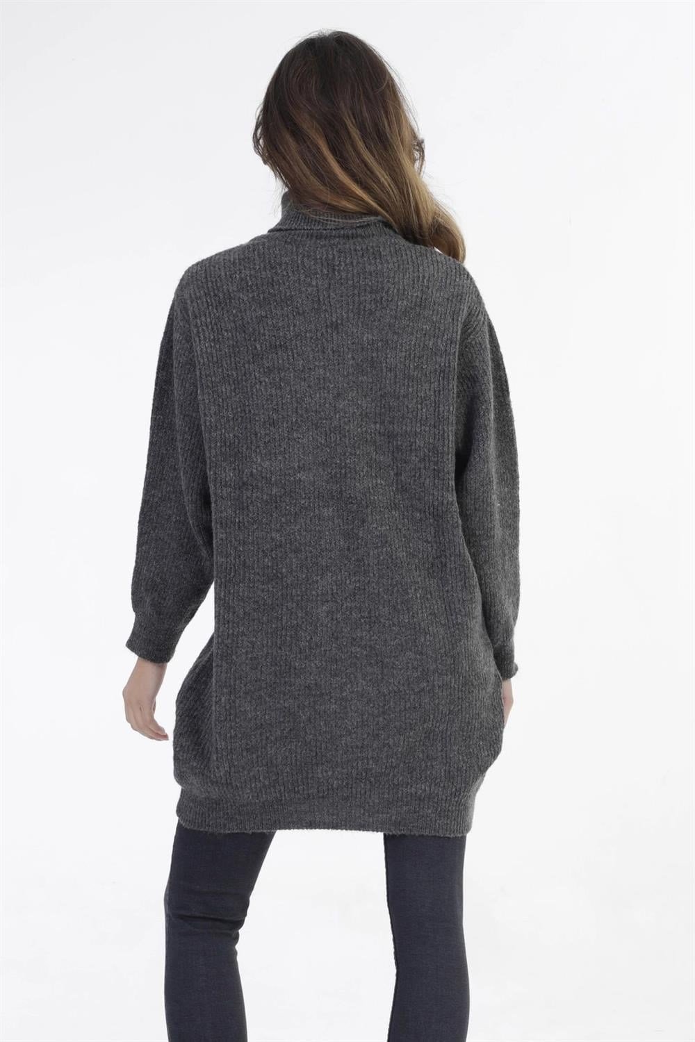 Kadın Antrasit Balıkçı Yaka Uzun Kol Basic Kaliteli Kumaş Oversize Kesim Günlük Triko