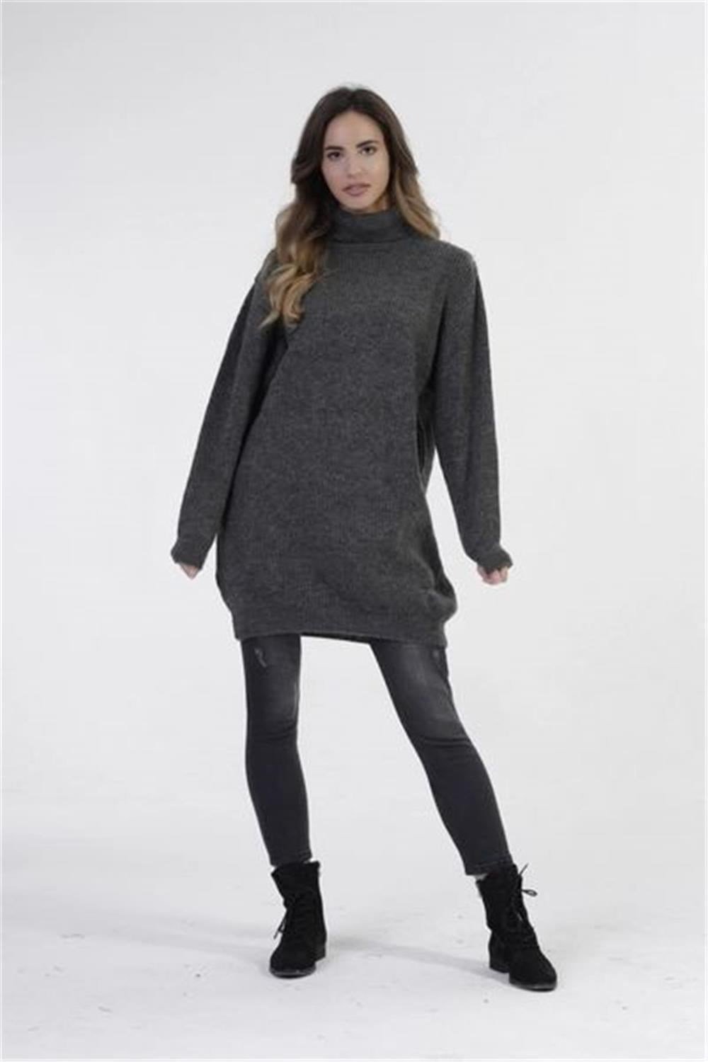 Kadın Antrasit Balıkçı Yaka Uzun Kol Basic Kaliteli Kumaş Oversize Kesim Günlük Triko