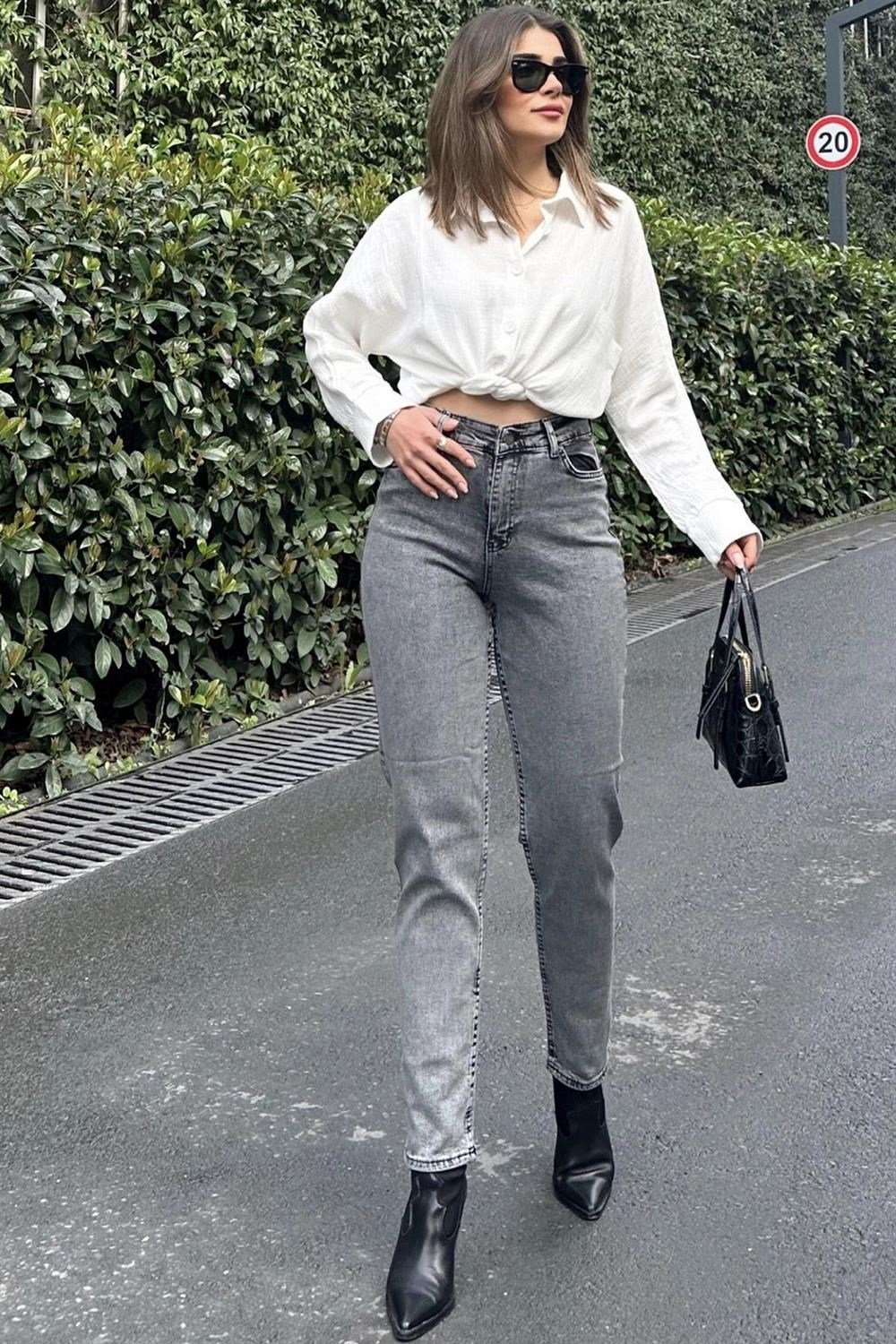 Kadın Antrasit Yüksek Bel, Rahat Kesim, Boru Paça, Skinny Kot Pantolon - Jeans