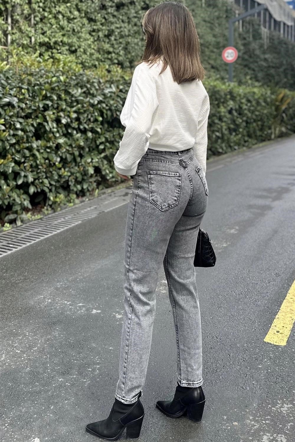 Kadın Antrasit Yüksek Bel, Rahat Kesim, Boru Paça, Skinny Kot Pantolon - Jeans