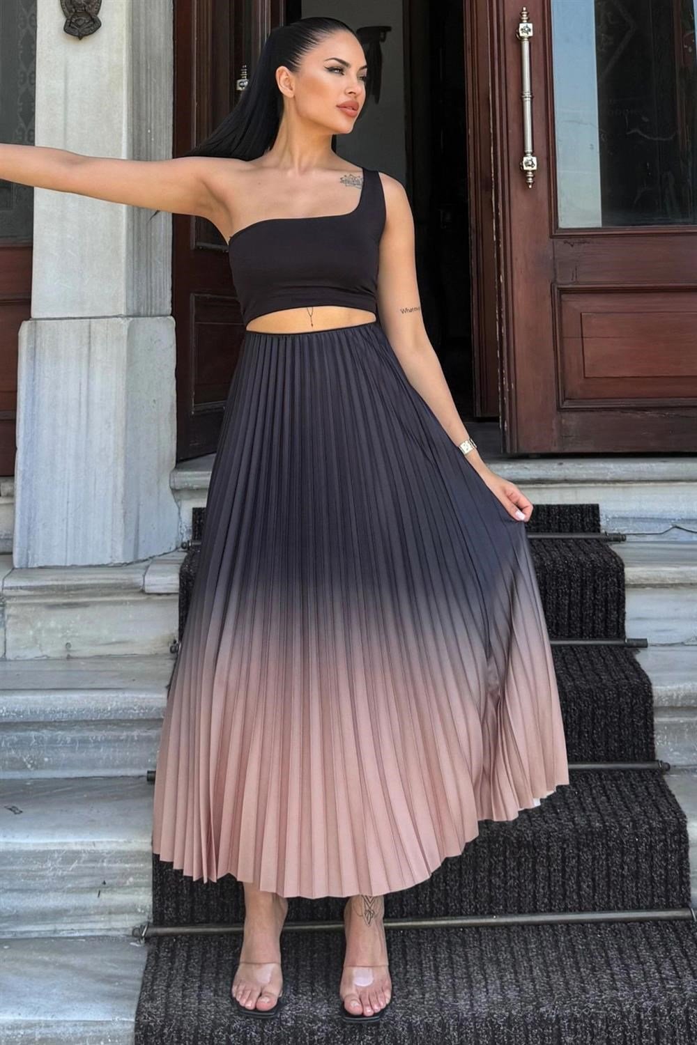 Kadın Bej & Siyah Ombre Desen, Pilili Maxi Etek