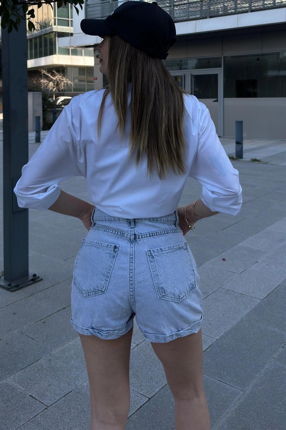 Kadın Buz Mavisi Duble Paça, Yüksek Bel, Rahat Denim-Kot Şort