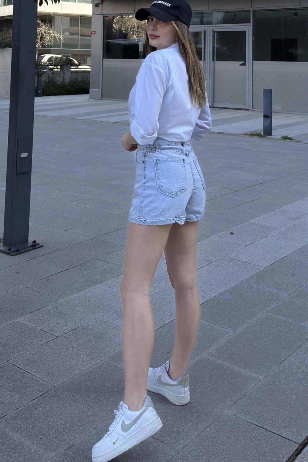 Kadın Buz Mavisi Duble Paça, Yüksek Bel, Rahat Denim-Kot Şort