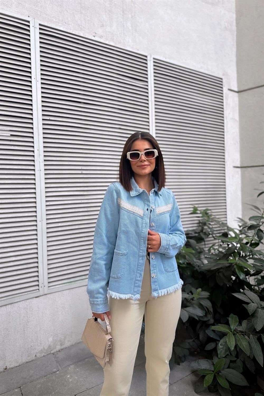 Kadın Buz Mavisi Uzun Kol, Kalite Kot, Şerit Detay, Eteği Püsküllü, Cepli Kot Gömlek & Denim Ceket