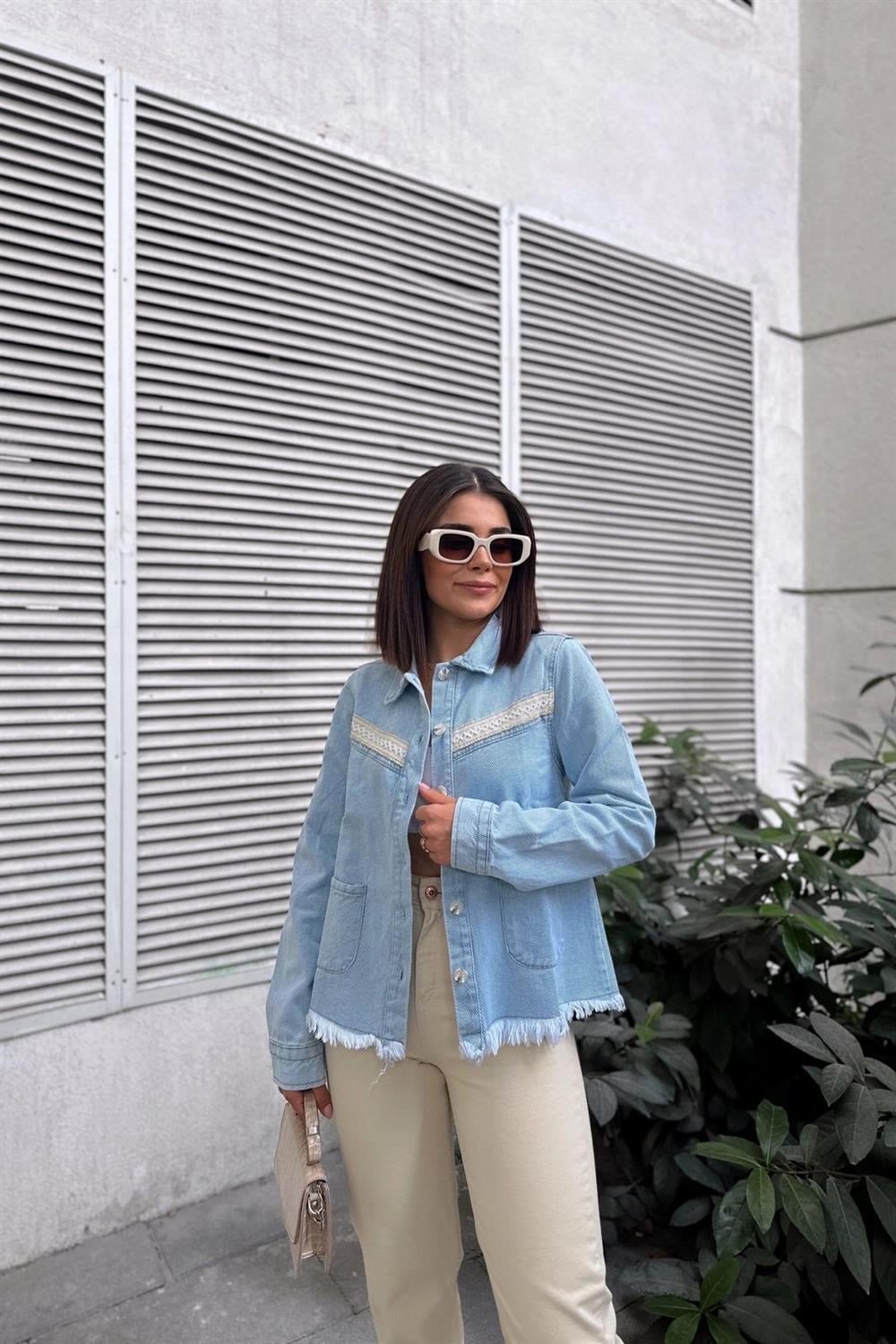 Kadın Buz Mavisi Uzun Kol, Kalite Kot, Şerit Detay, Eteği Püsküllü, Cepli Kot Gömlek & Denim Ceket
