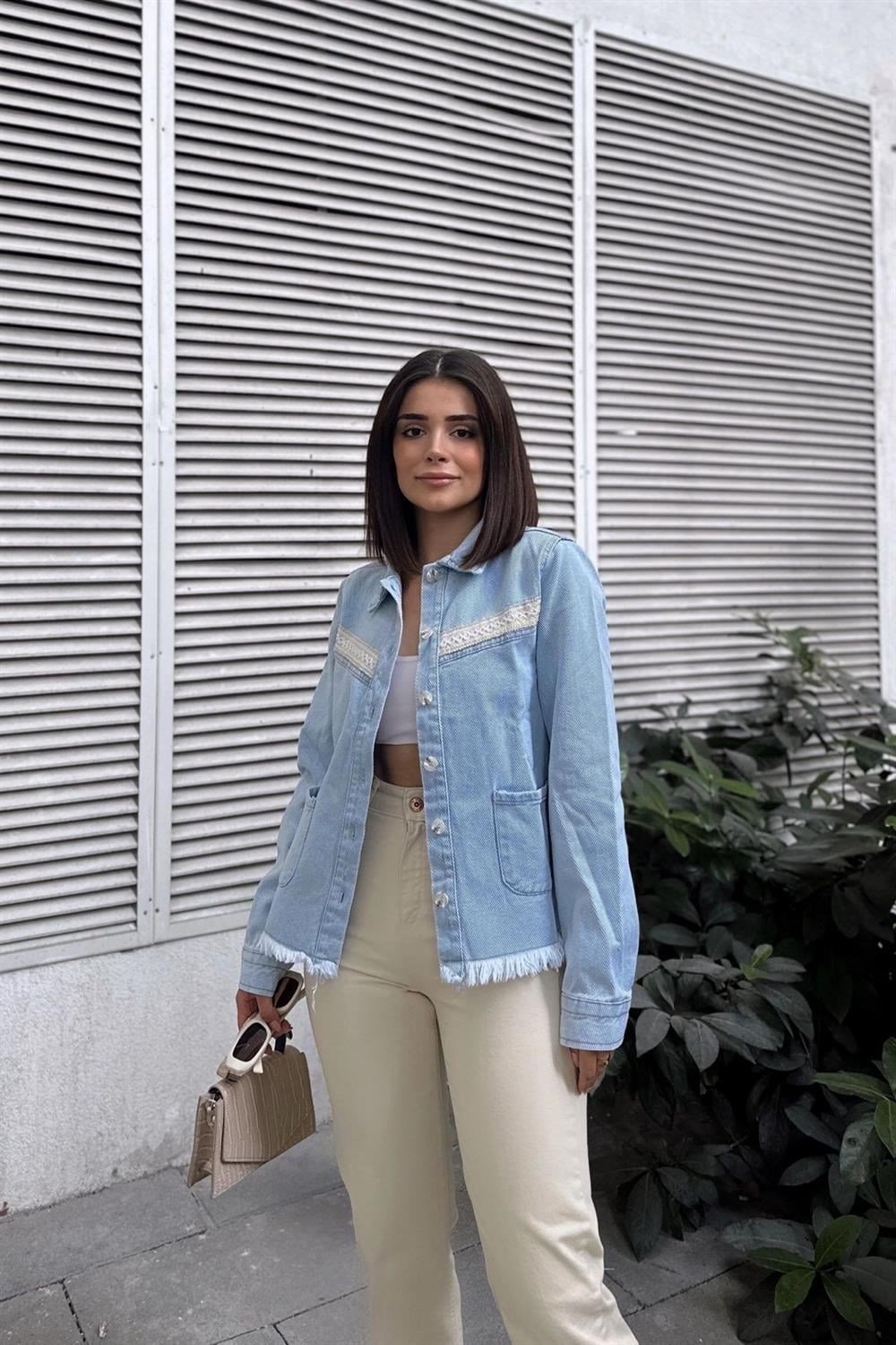 Kadın Buz Mavisi Uzun Kol, Kalite Kot, Şerit Detay, Eteği Püsküllü, Cepli Kot Gömlek & Denim Ceket