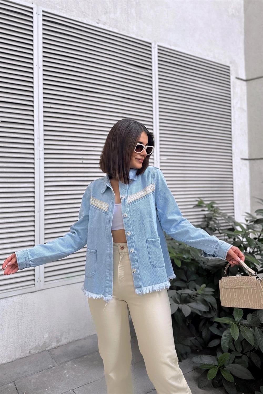 Kadın Buz Mavisi Uzun Kol, Kalite Kot, Şerit Detay, Eteği Püsküllü, Cepli Kot Gömlek & Denim Ceket