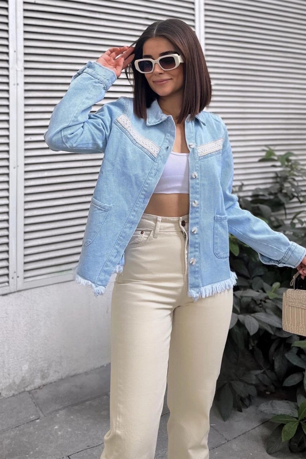 Kadın Buz Mavisi Uzun Kol, Kalite Kot, Şerit Detay, Eteği Püsküllü, Cepli Kot Gömlek & Denim Ceket